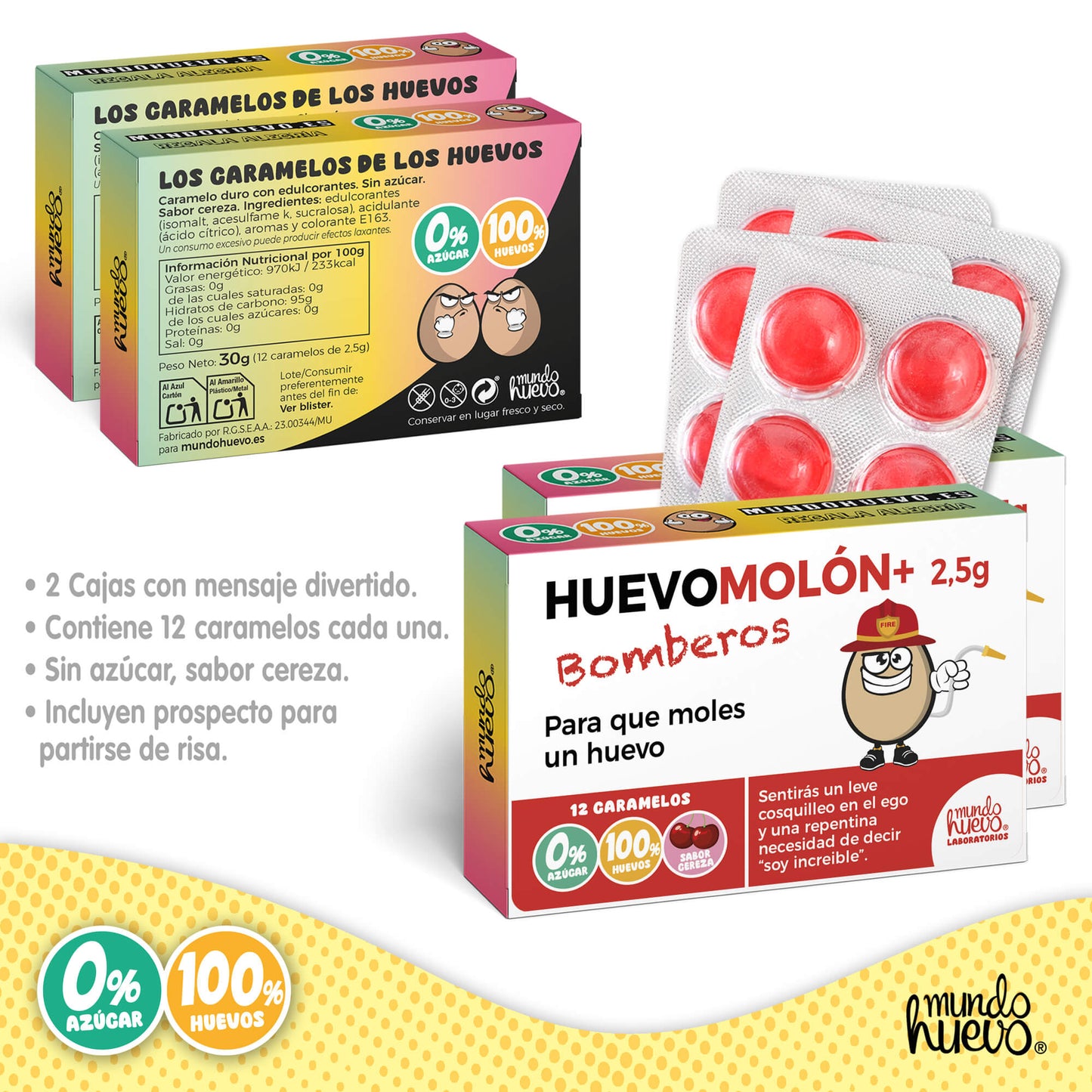 2 cajas Caramelos de broma | HUEVOMOLON+ BOMBEROS | Cajas Regalo Divertido con 24 caramelos sin azúcar