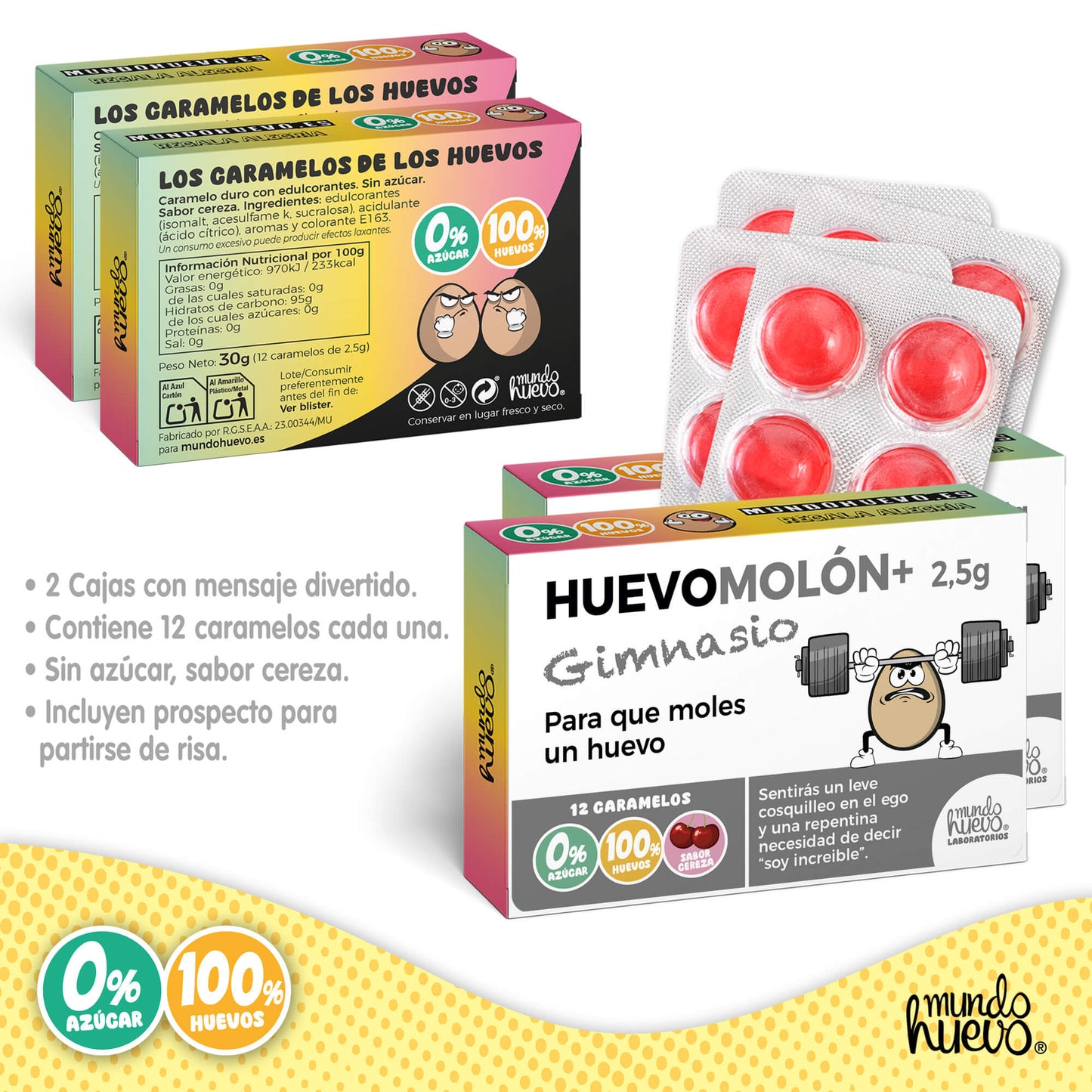2 cajas Caramelos de broma | HUEVOMOLON+ GIMNASIO | Cajas Regalo Divertido con 24 caramelos sin azúcar