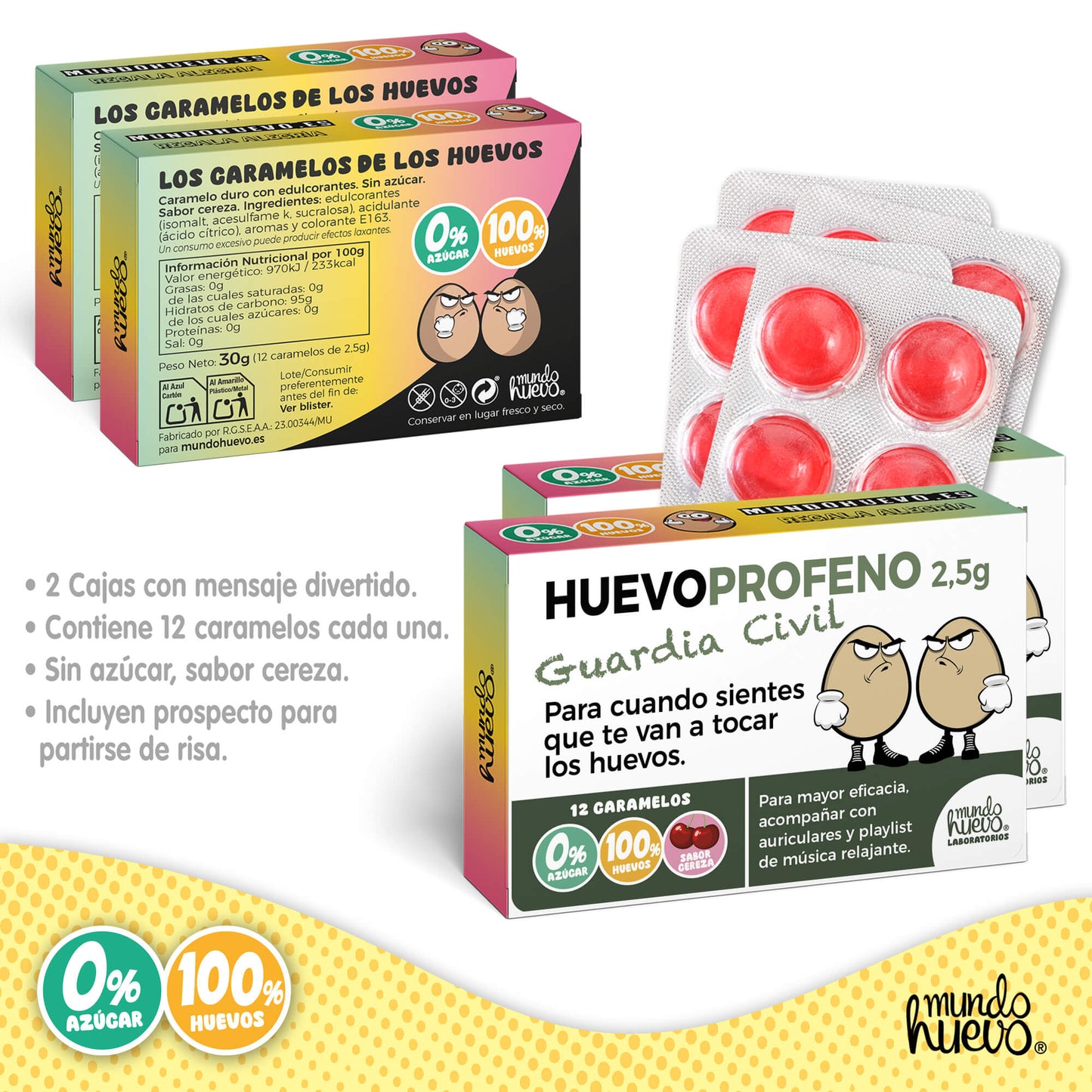 2 cajas Caramelos de broma | HUEVOPROFENO GUARDIA CIVIL | Cajas Regalo Divertido con 24 caramelos sin azúcar