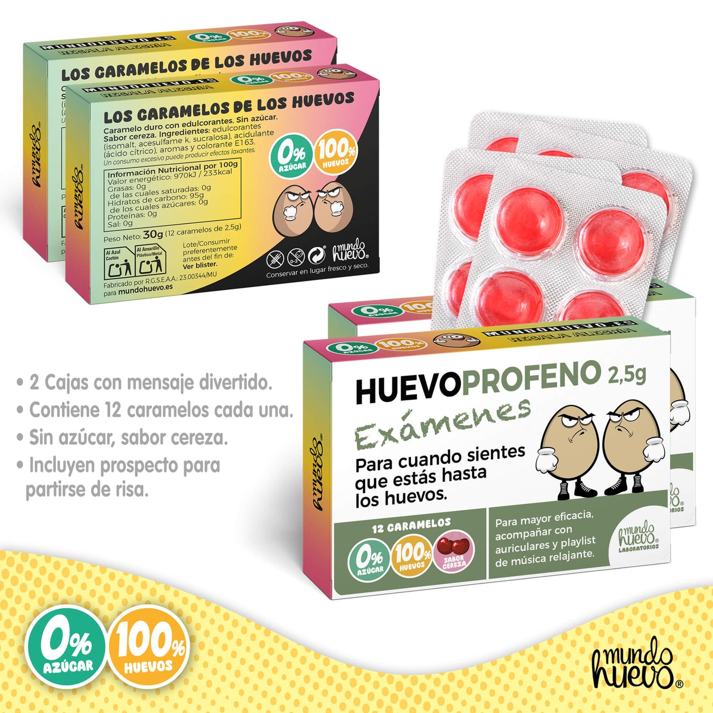 2 cajas Caramelos de broma | HUEVOPROFENO EXÁMENES | Cajas Regalo Divertido con 24 caramelos sin azúcar
