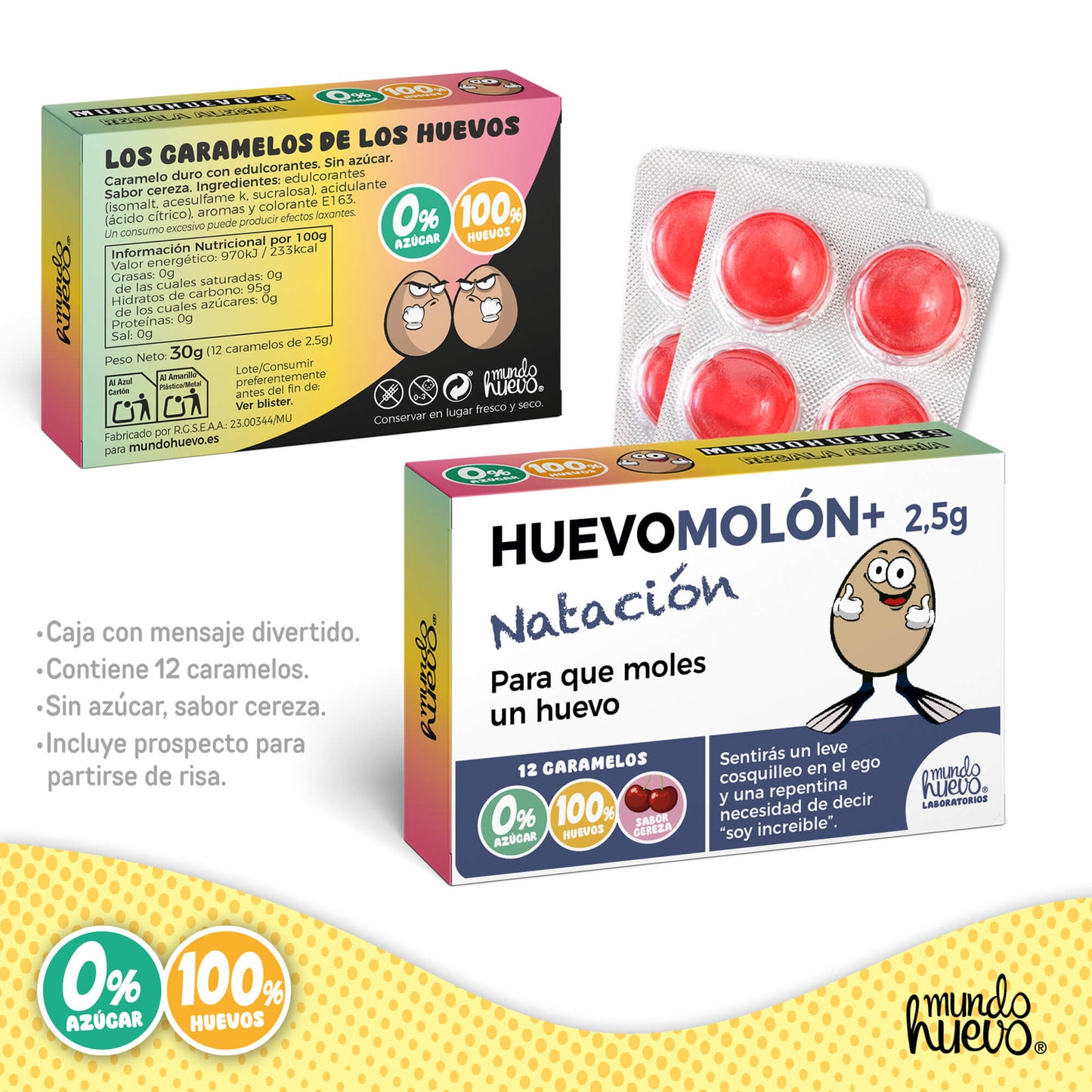 Caramelos de broma | HUEVOMOLON+ NATACIÓN | Caja Regalo Divertido con 12 caramelos sin azúcar