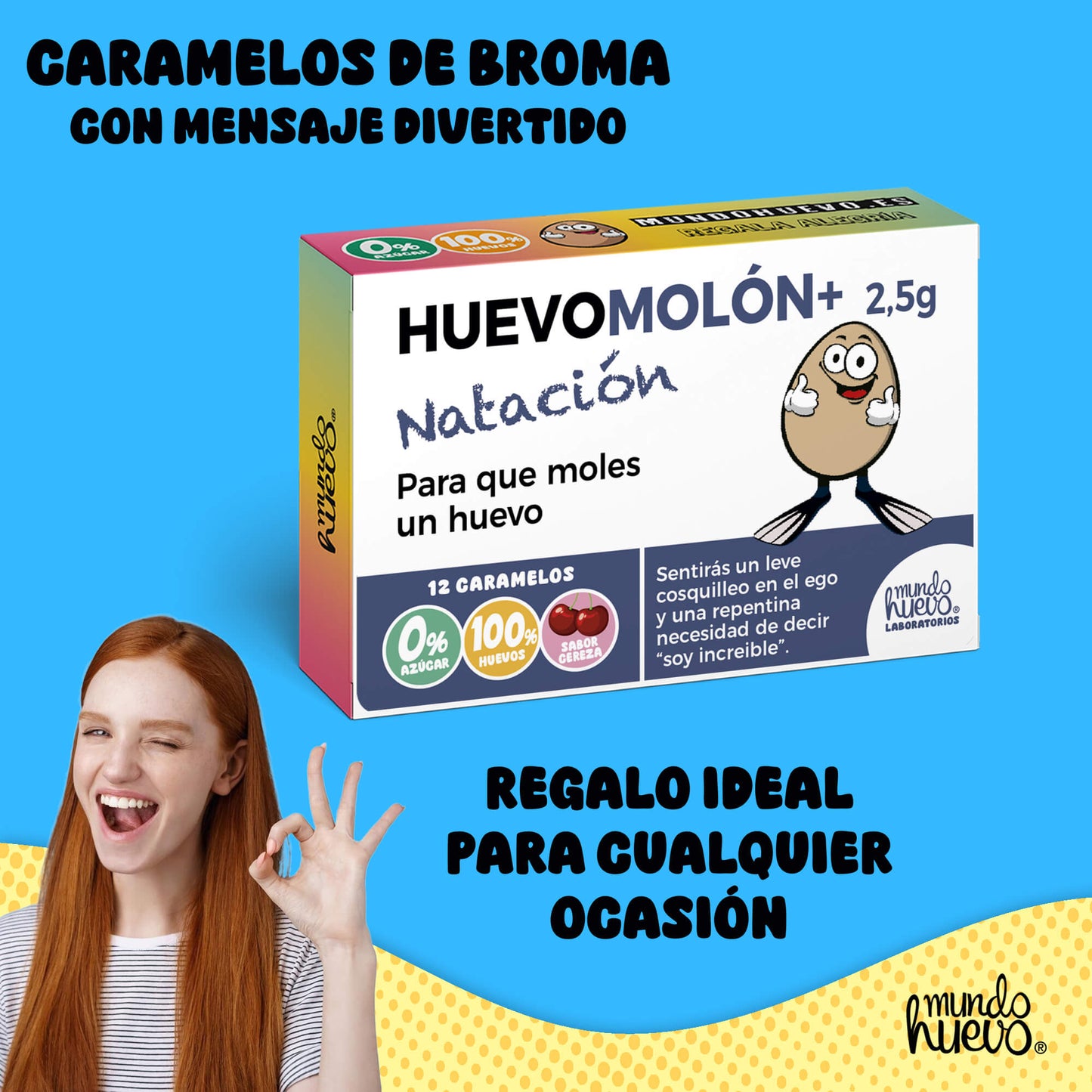 Caramelos de broma | HUEVOMOLON+ NATACIÓN | Caja Regalo Divertido con 12 caramelos sin azúcar