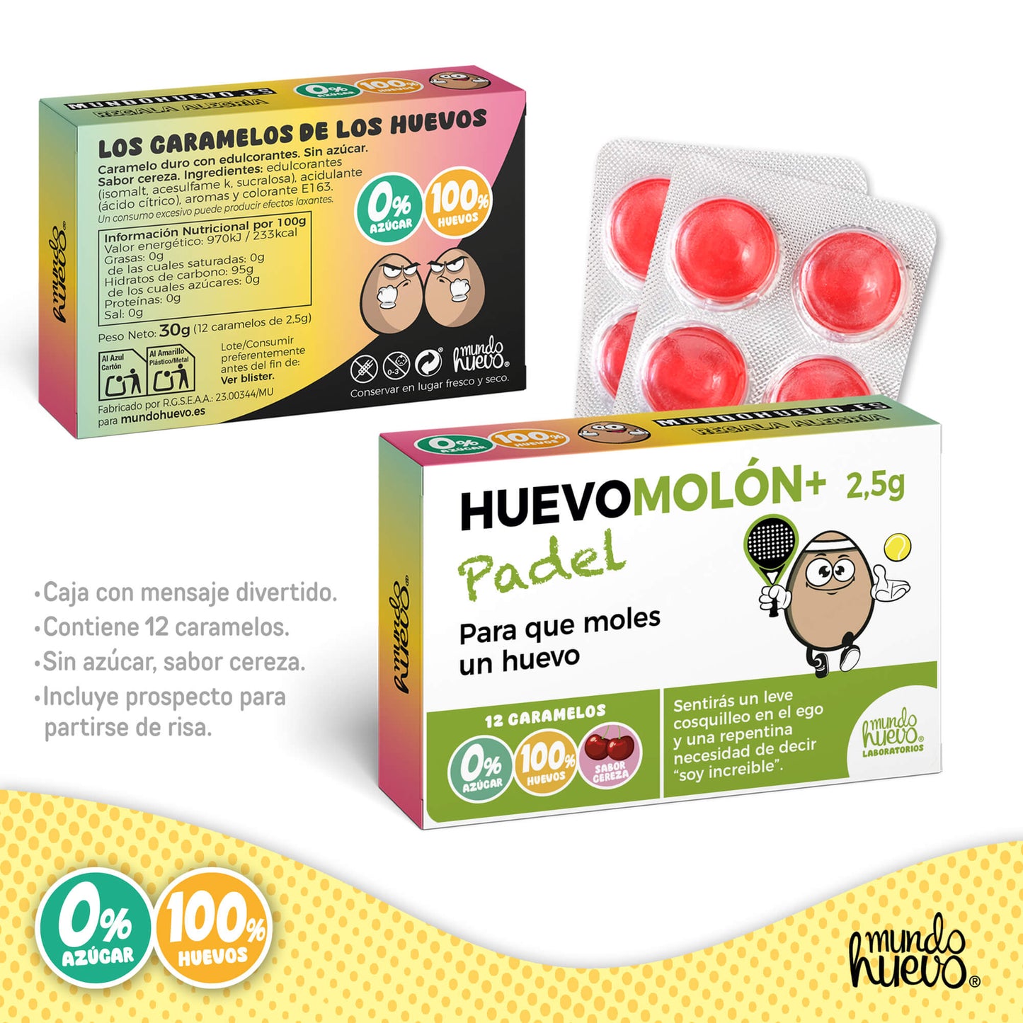 Caramelos de broma | HUEVOMOLON+ PADEL | Caja Regalo Divertido con 12 caramelos sin azúcar