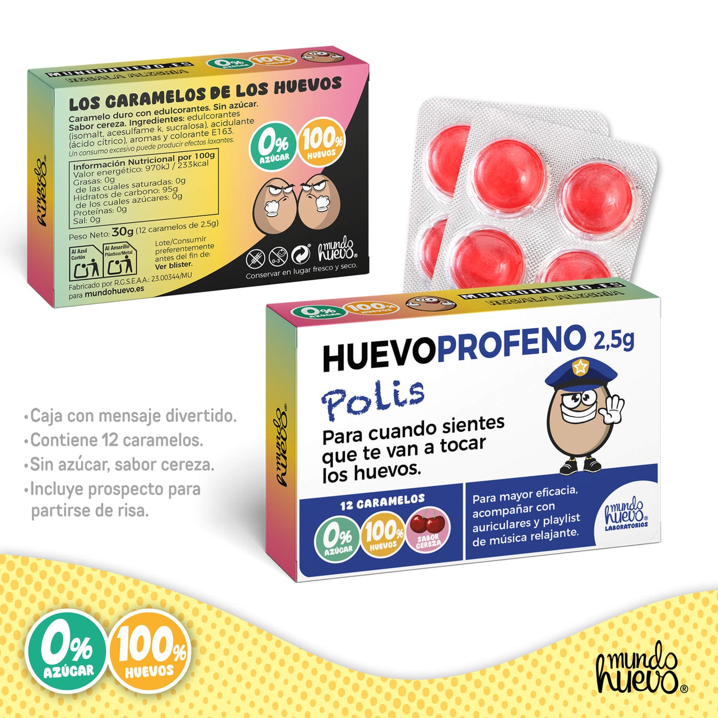 Caramelos de broma | HUEVOPROFENO POLIS | Caja Regalo Divertido con 12 caramelos sin azúcar