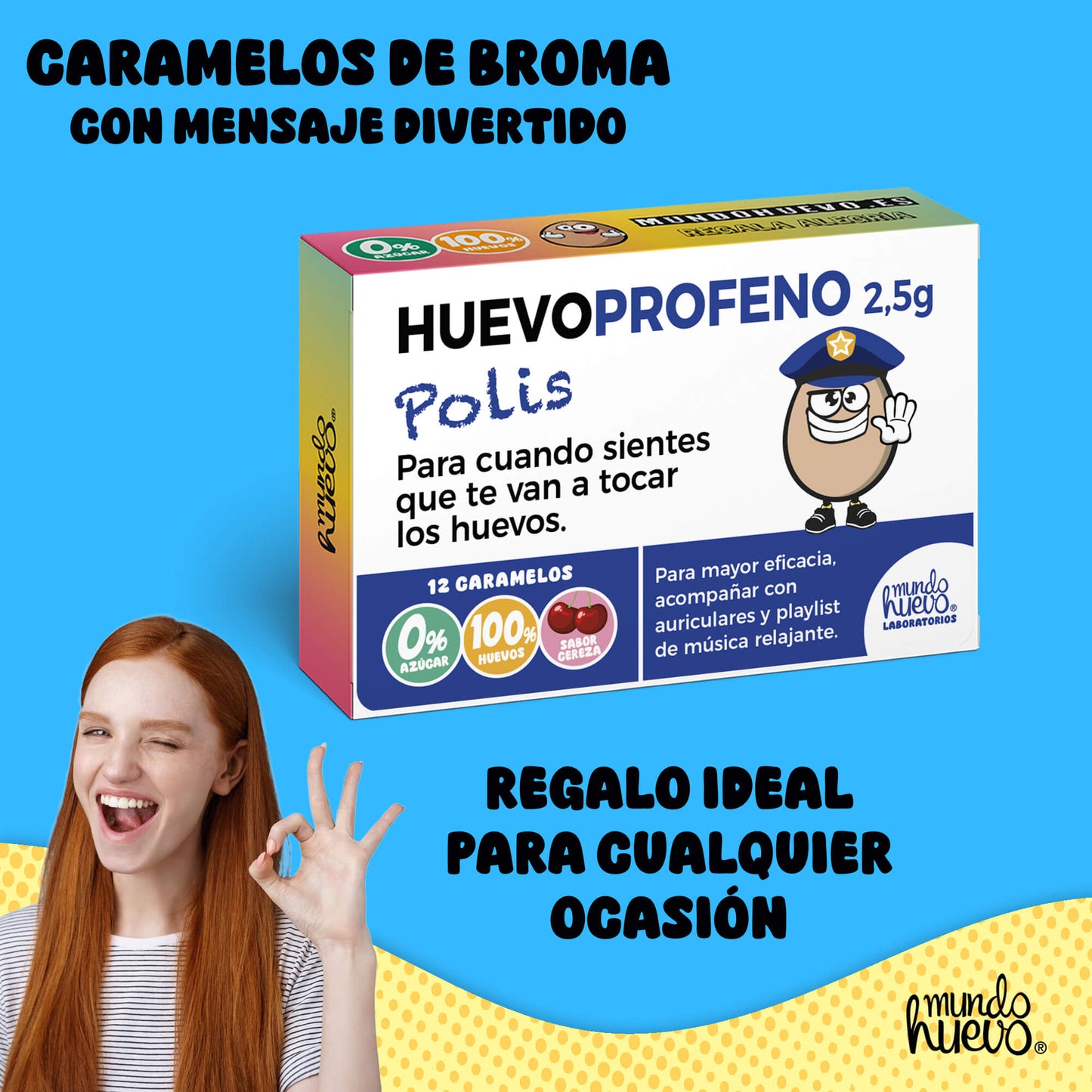 Caramelos de broma | HUEVOPROFENO POLIS | Caja Regalo Divertido con 12 caramelos sin azúcar