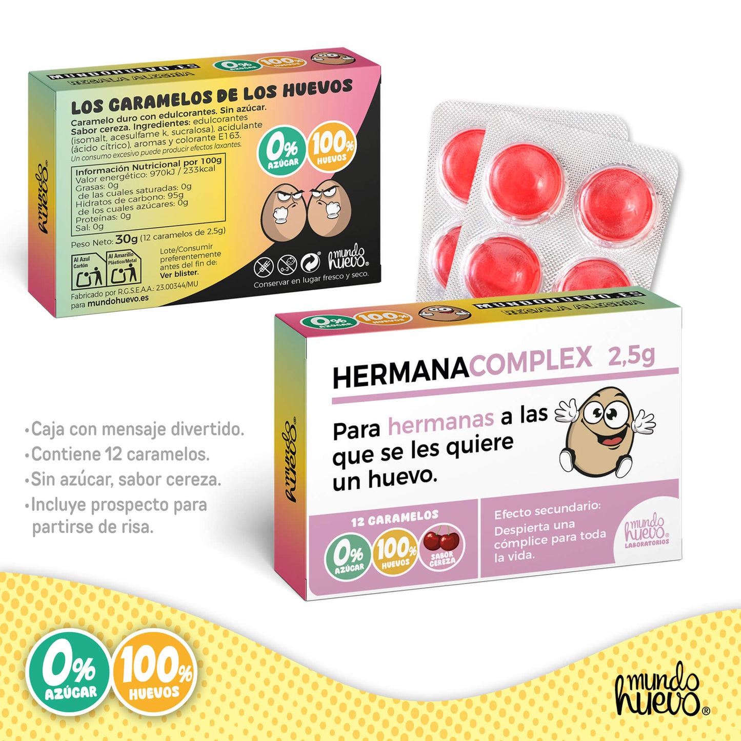 Caramelos de broma | HERMANA COMPLEX | Caja Regalo Divertido con 12 caramelos sin azúcar