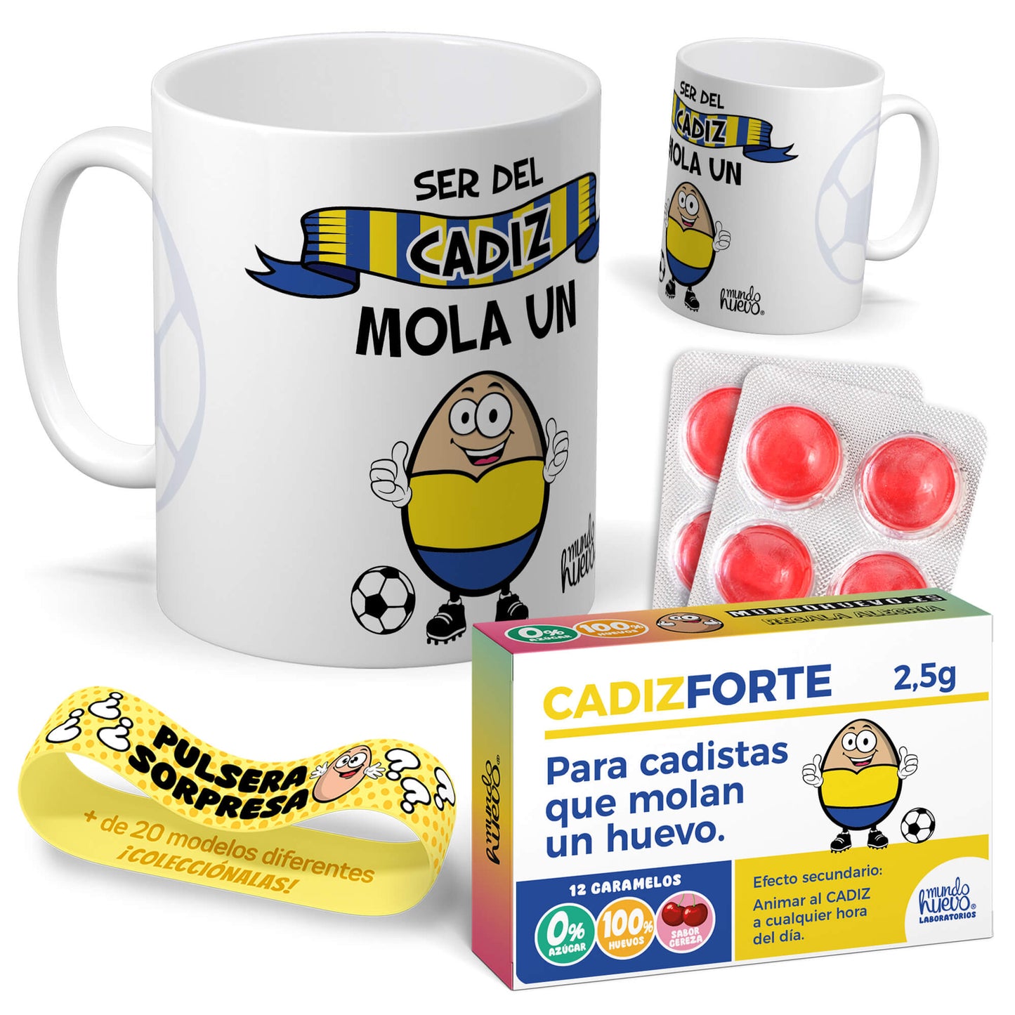 Taza Ser del Cádiz mola un huevo + Caramelos divertidos + Pulsera sorpresa
