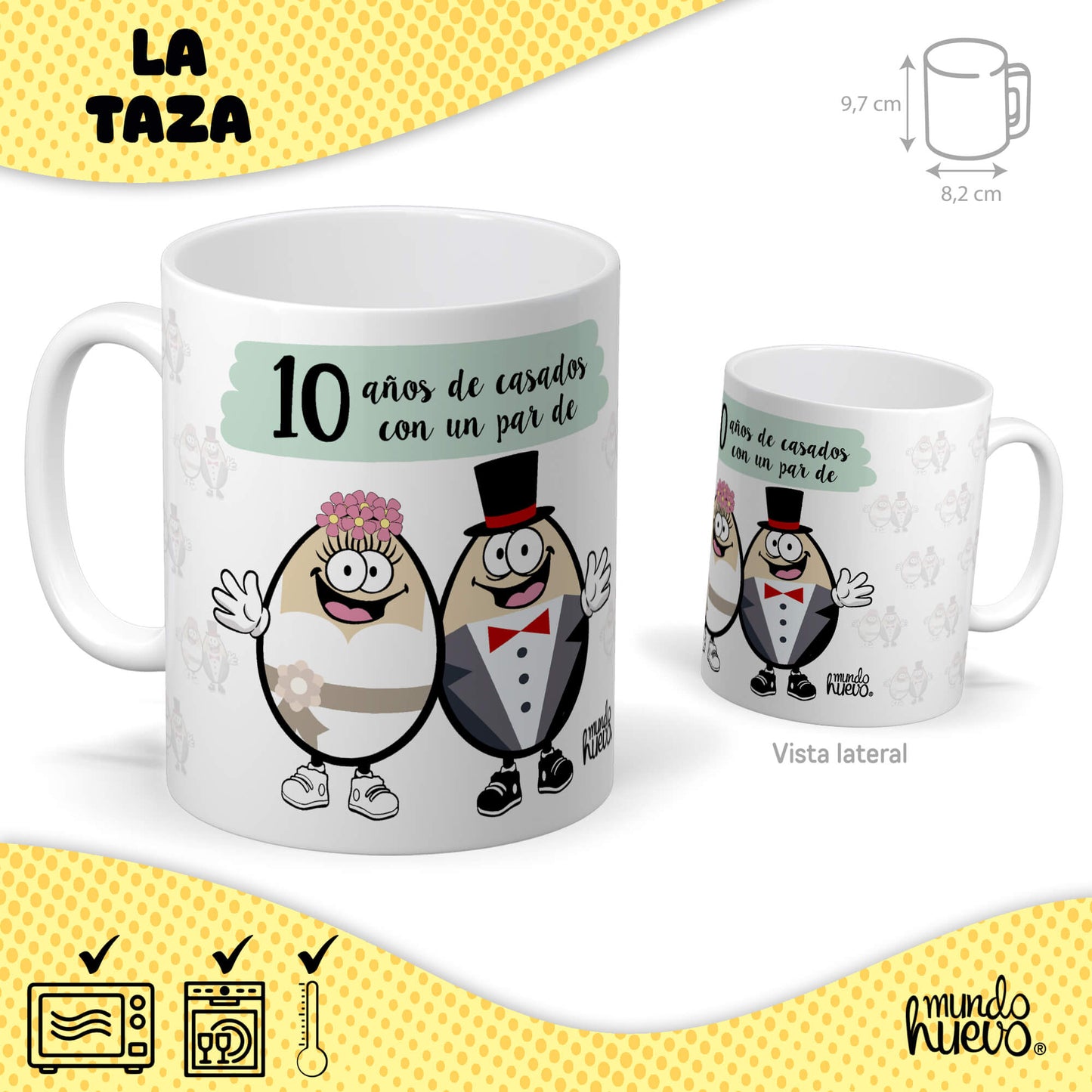 Taza 10 años de casados con un par de huevos + Caramelos divertidos + Pulsera sorpresa