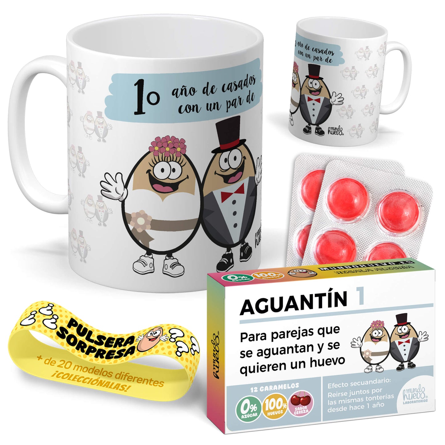 Taza 1 año de casados con un par de huevos + Caramelos divertidos + Pulsera sorpresa