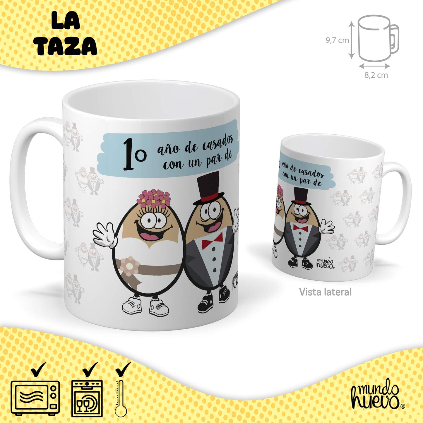 Taza 1 año de casados con un par de huevos + Caramelos divertidos + Pulsera sorpresa