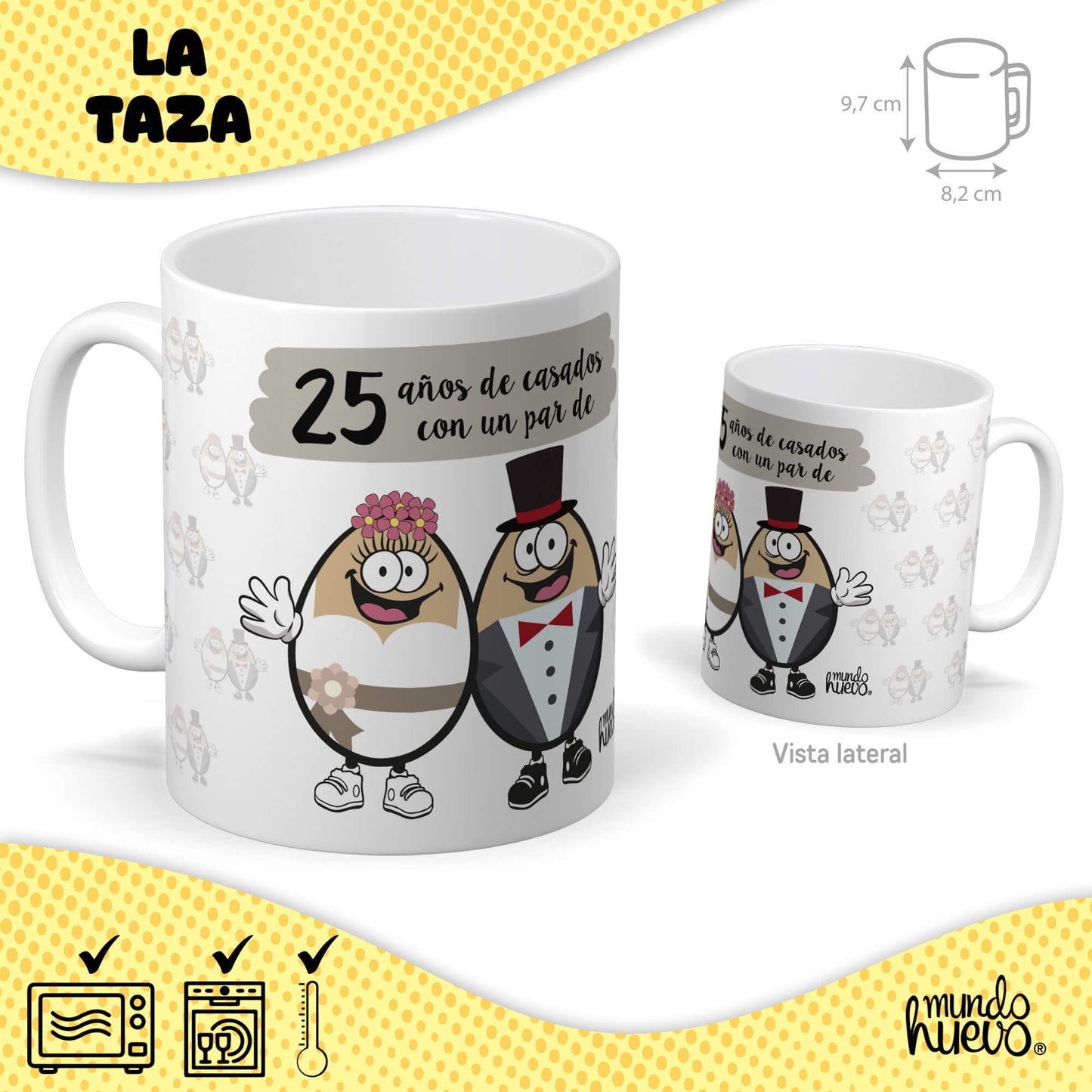 Taza 25 años de casados con un par de huevos + Caramelos divertidos + Pulsera sorpresa