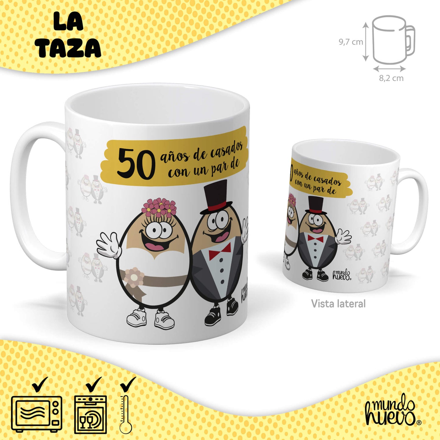 Taza 50 años de casados con un par de huevos + Caramelos divertidos + Pulsera sorpresa
