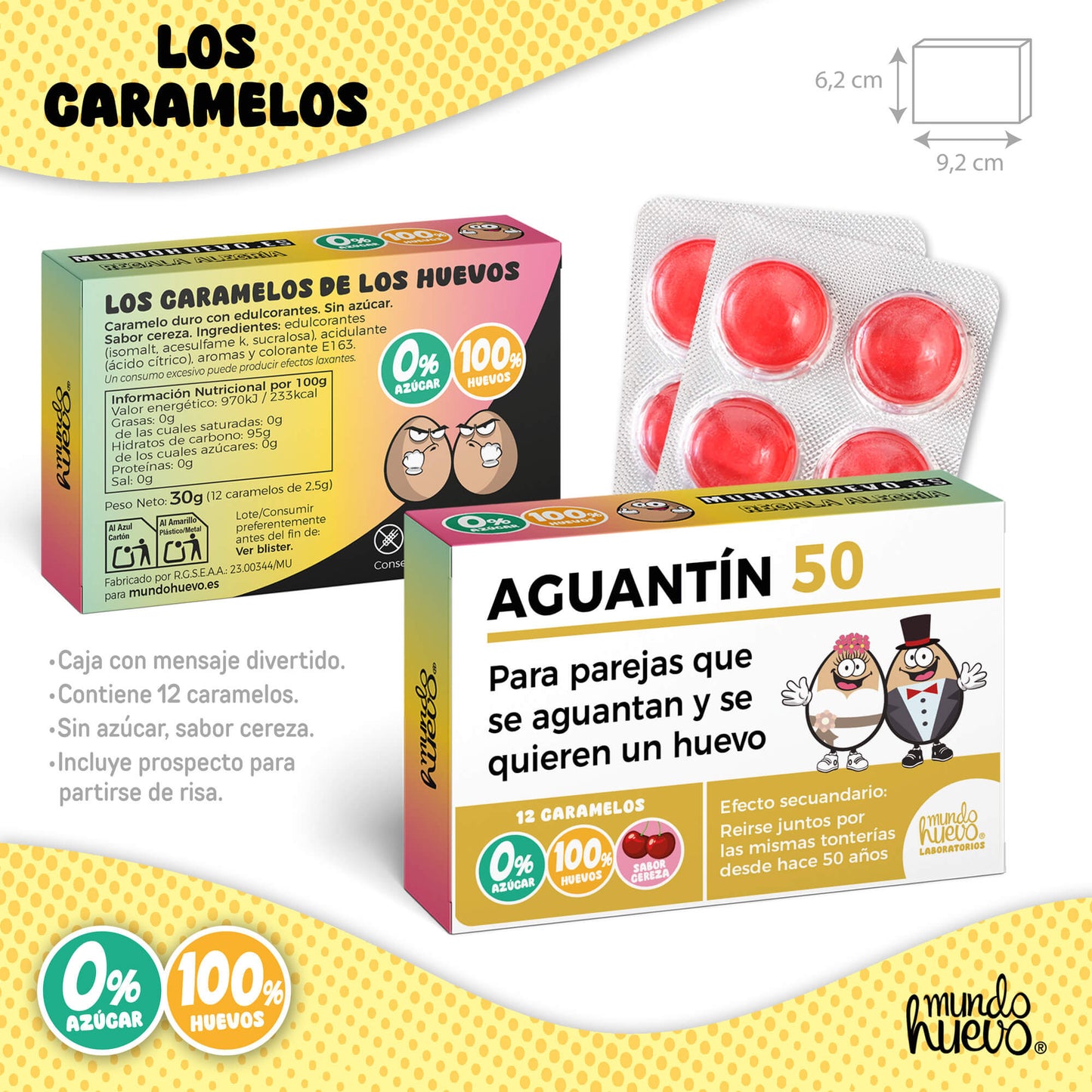 Taza 50 años de casados con un par de huevos + Caramelos divertidos + Pulsera sorpresa