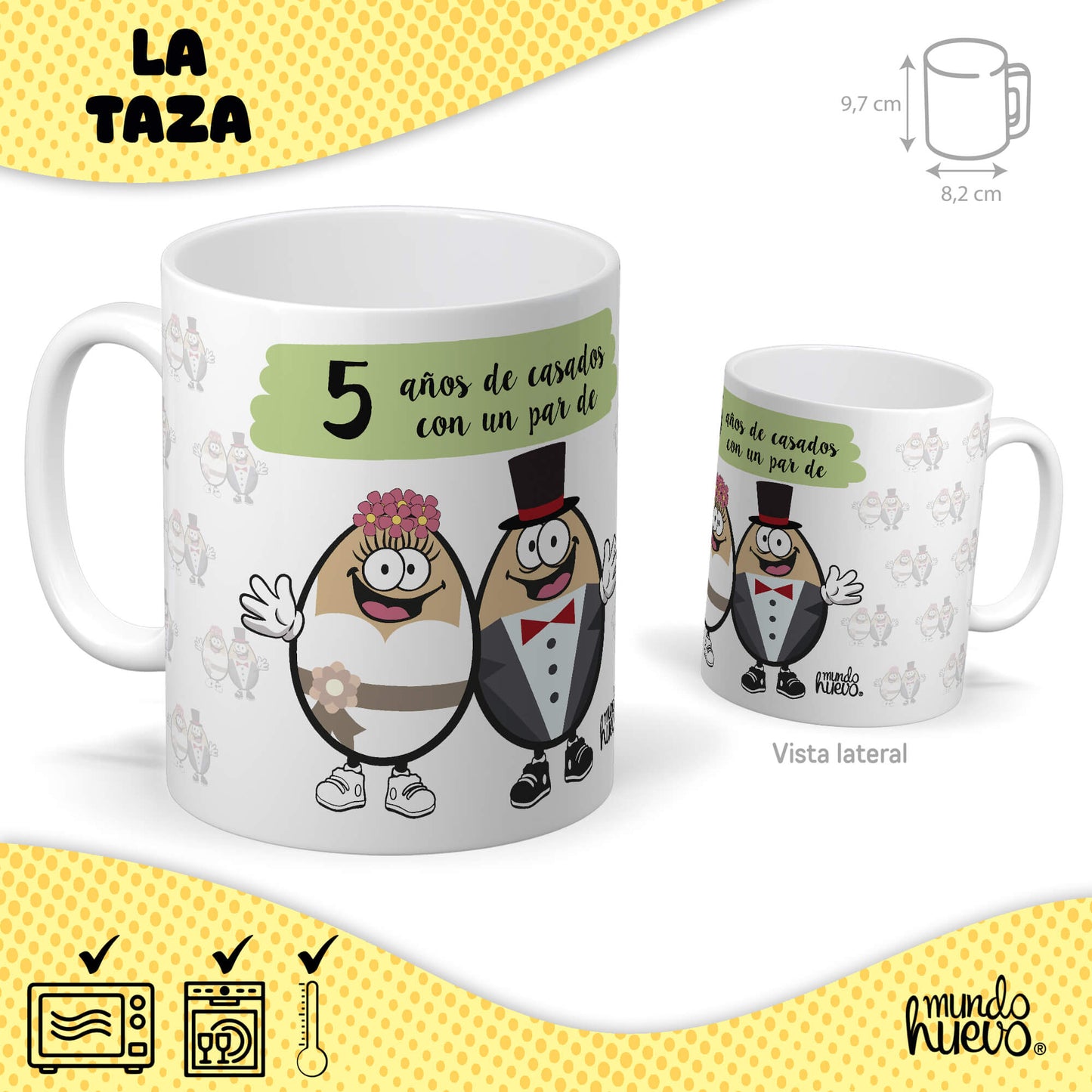 Taza 5 años de casados con un par de huevos + Caramelos divertidos + Pulsera sorpresa