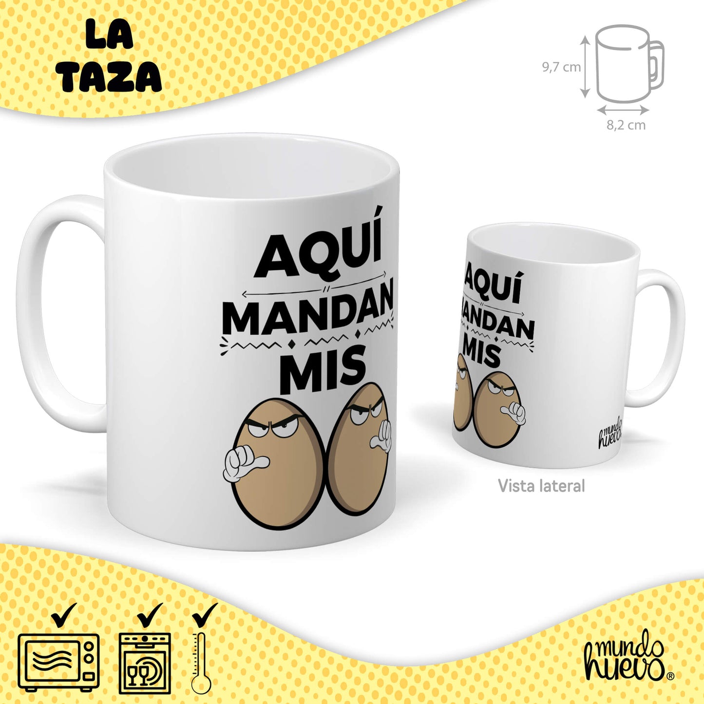 Taza Aquí mandan mis huevos + Caramelos divertidos + Pulsera sorpresa