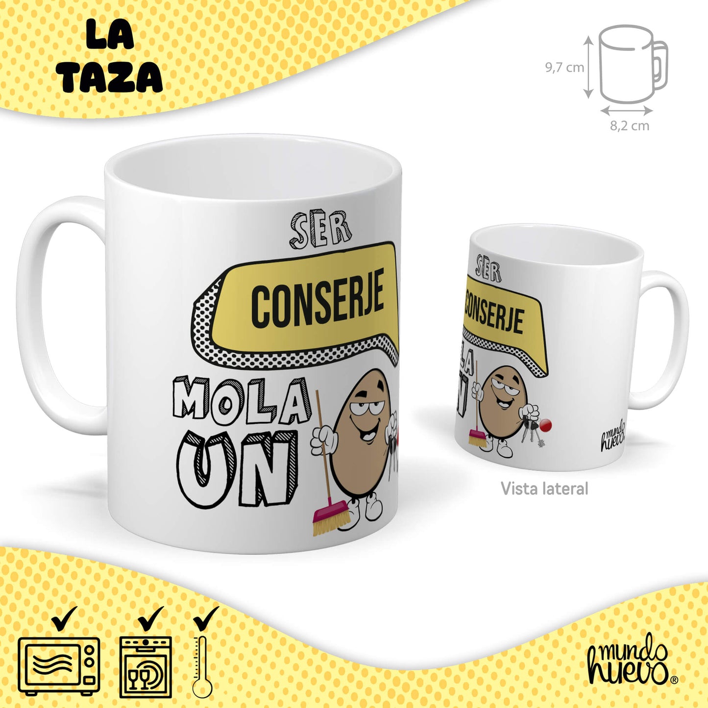 Taza Ser Conserje mola un huevo + Caramelos divertidos + Pulsera sorpresa