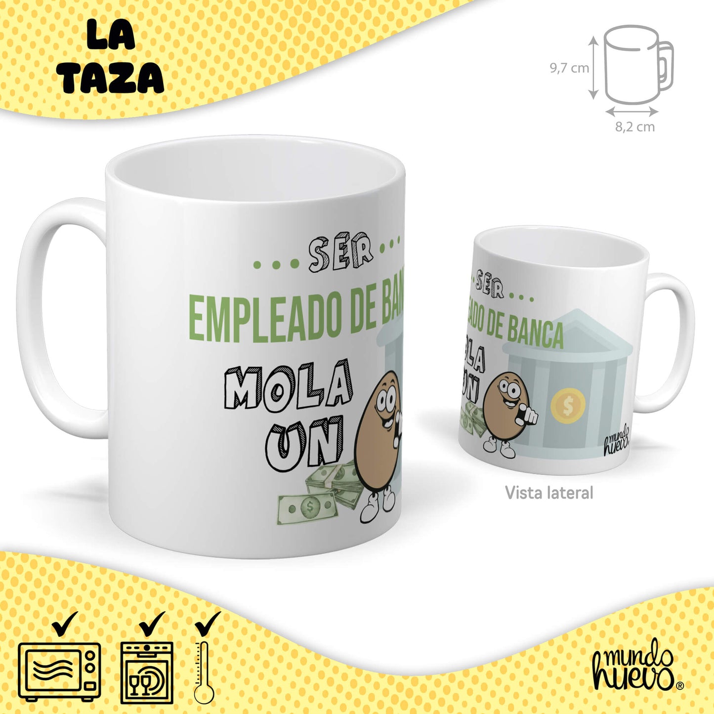 Taza Ser empleado de banca mola un huevo + Caramelos divertidos + Pulsera sorpresa
