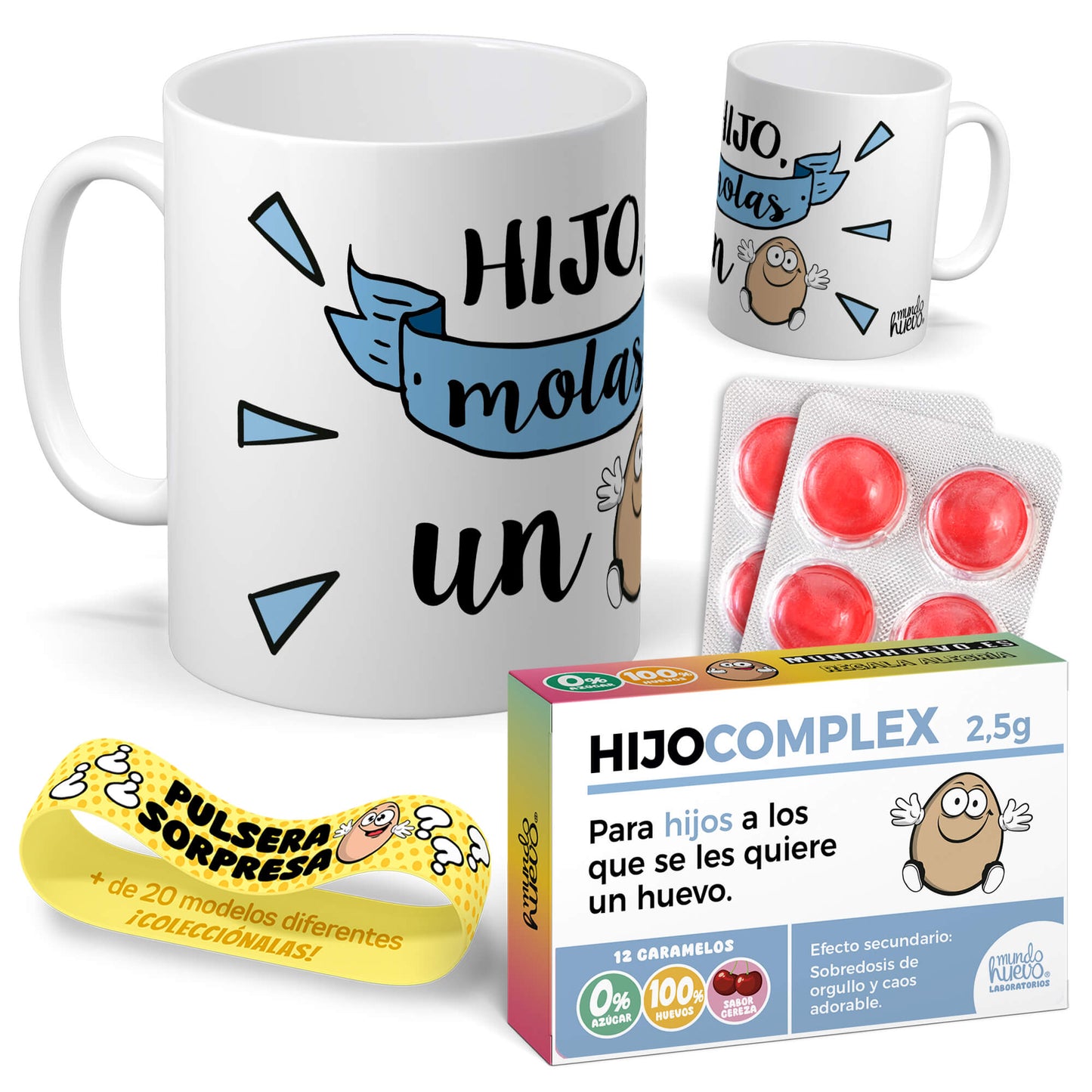 Taza Hijo molas un huevo + Caramelos divertidos + Pulsera sorpresa