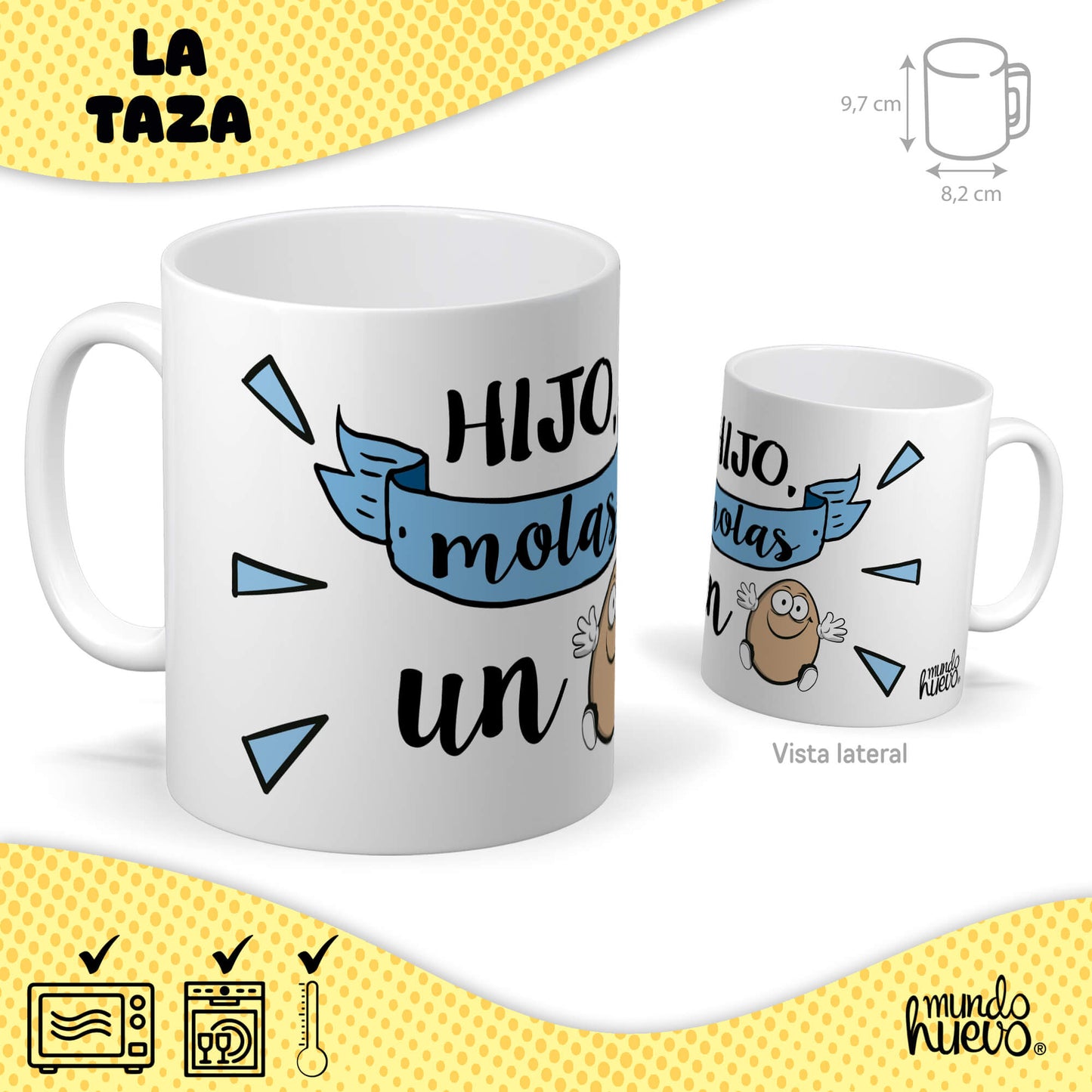 Taza Hijo molas un huevo + Caramelos divertidos + Pulsera sorpresa