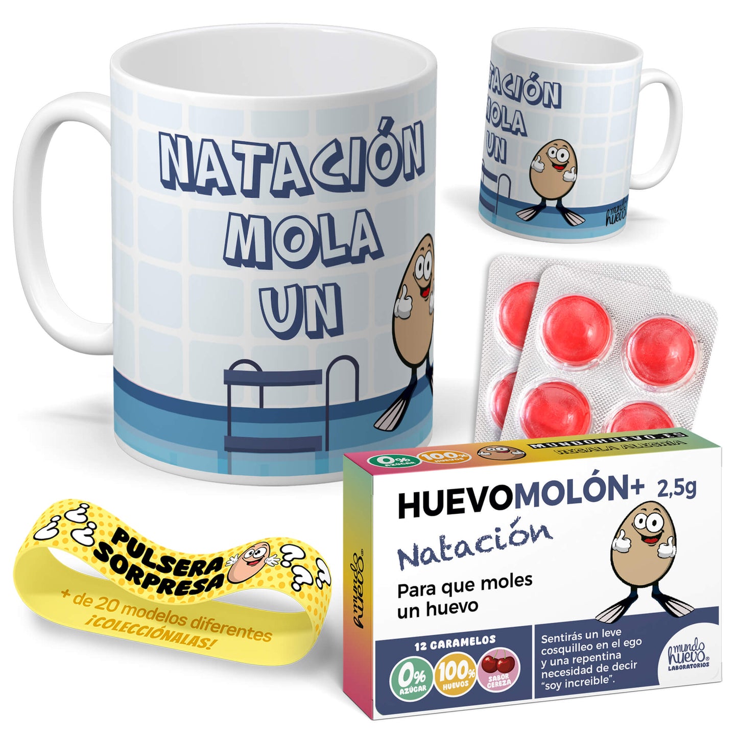 Taza Natación mola un huevo + Caramelos divertidos + Pulsera sorpresa