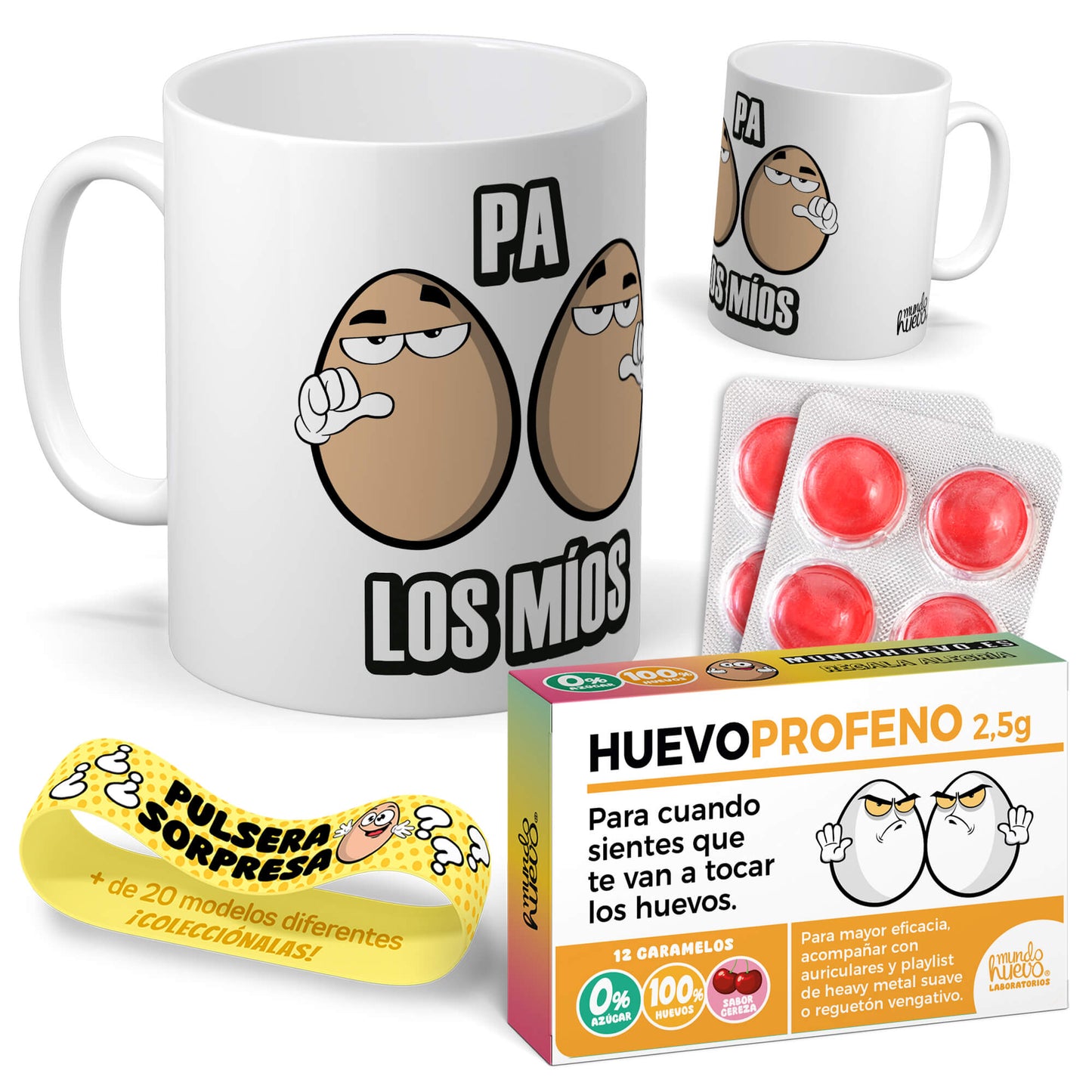 Taza Pa huevos los míos + Caramelos divertidos + Pulsera sorpresa