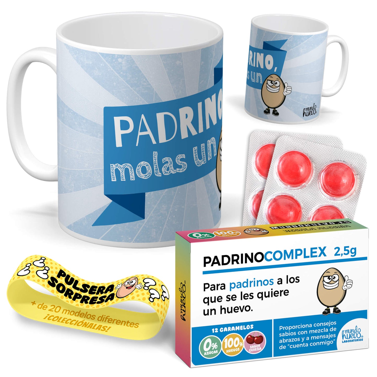 Taza Padrino molas un huevo + Caramelos divertidos + Pulsera sorpresa