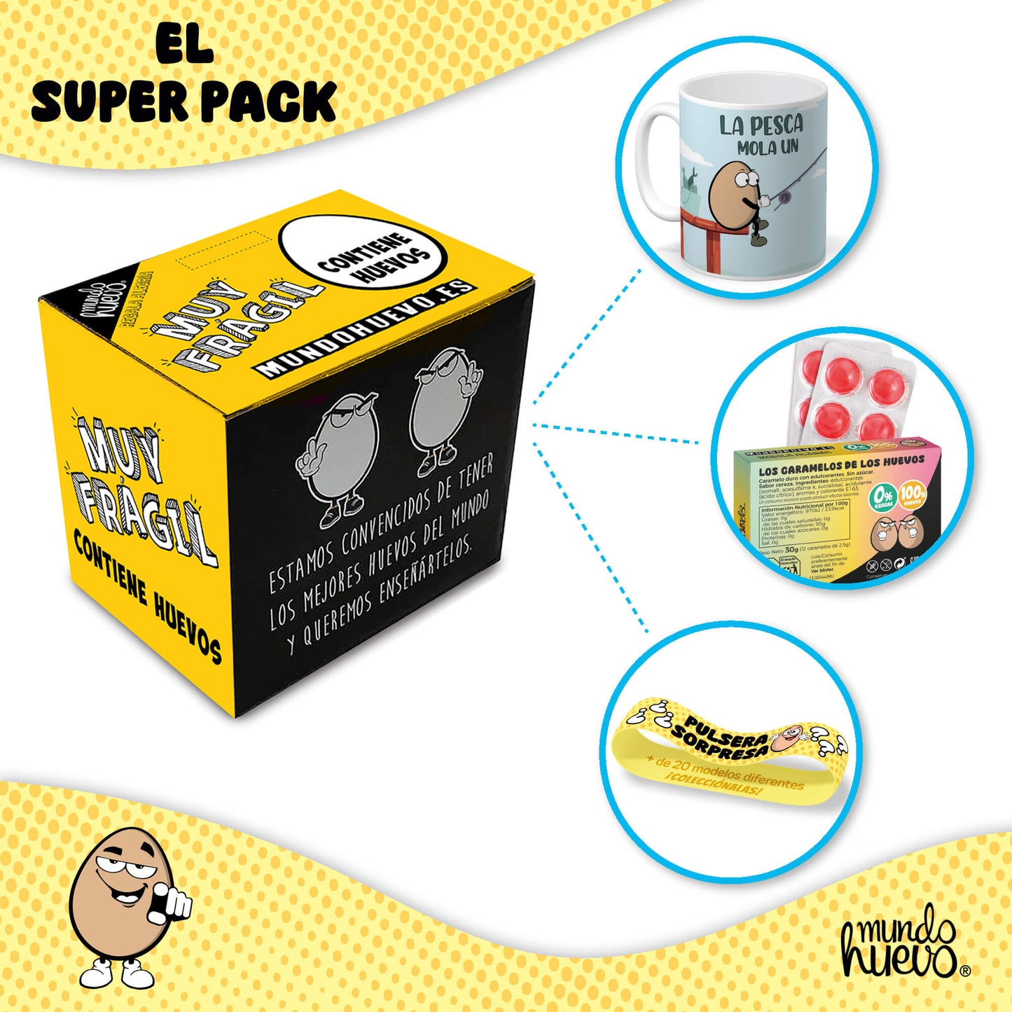 Taza La pesca mola un huevo + Caramelos divertidos + Pulsera sorpresa
