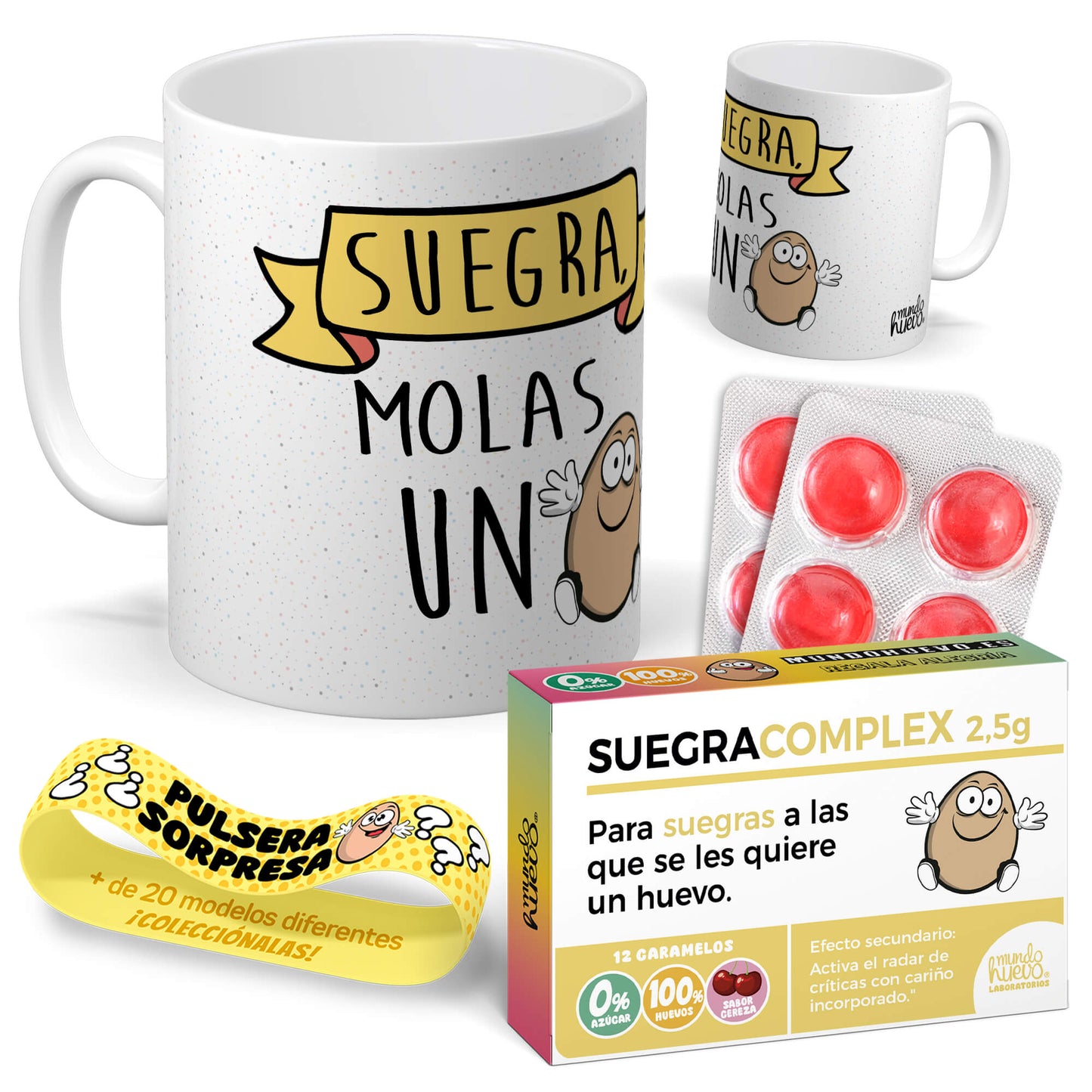 Taza Suegra molas un huevo + Caramelos divertidos + Pulsera sorpresa