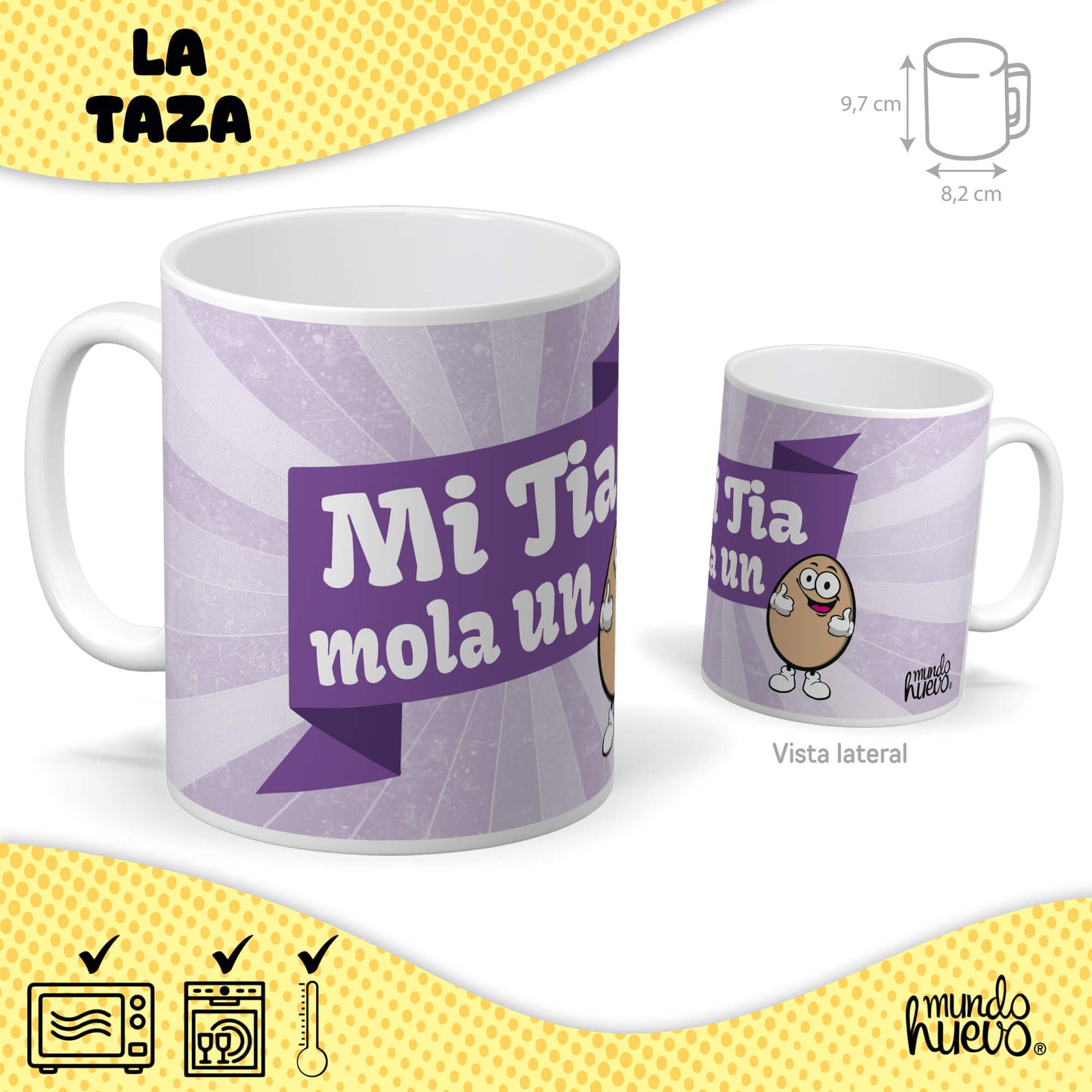 Taza Mi tia mola un huevo + Caramelos divertidos + Pulsera sorpresa