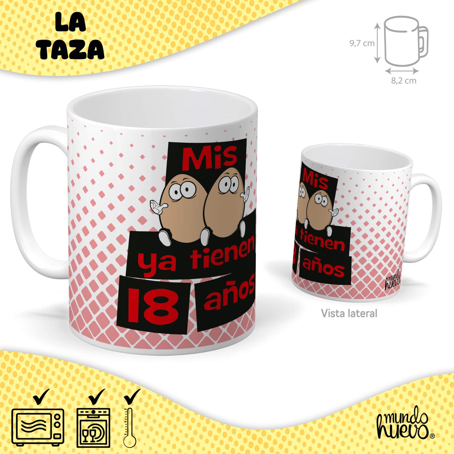 Taza Mis huevos ya tienen 18 años + Caramelos divertidos + Pulsera sorpresa