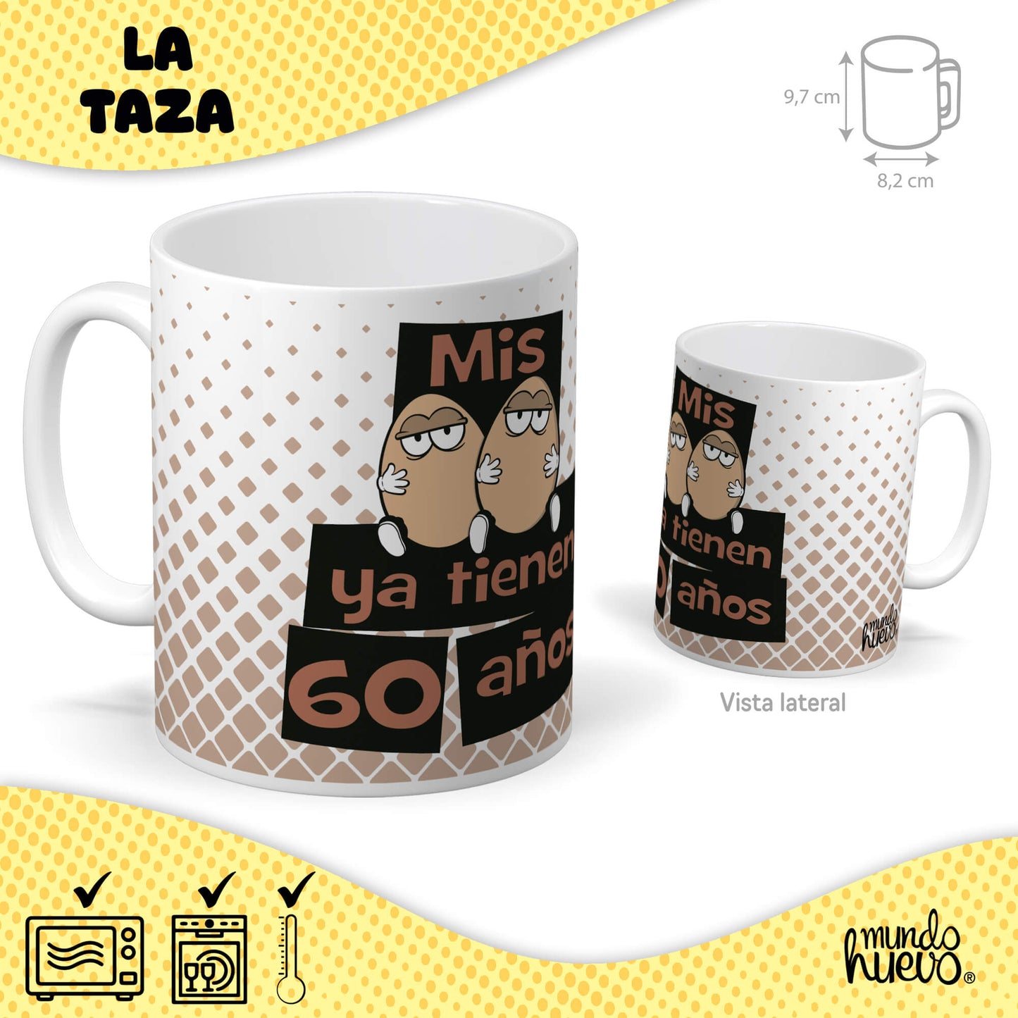 Taza Mis huevos ya tienen 60 años + Caramelos divertidos + Pulsera sorpresa