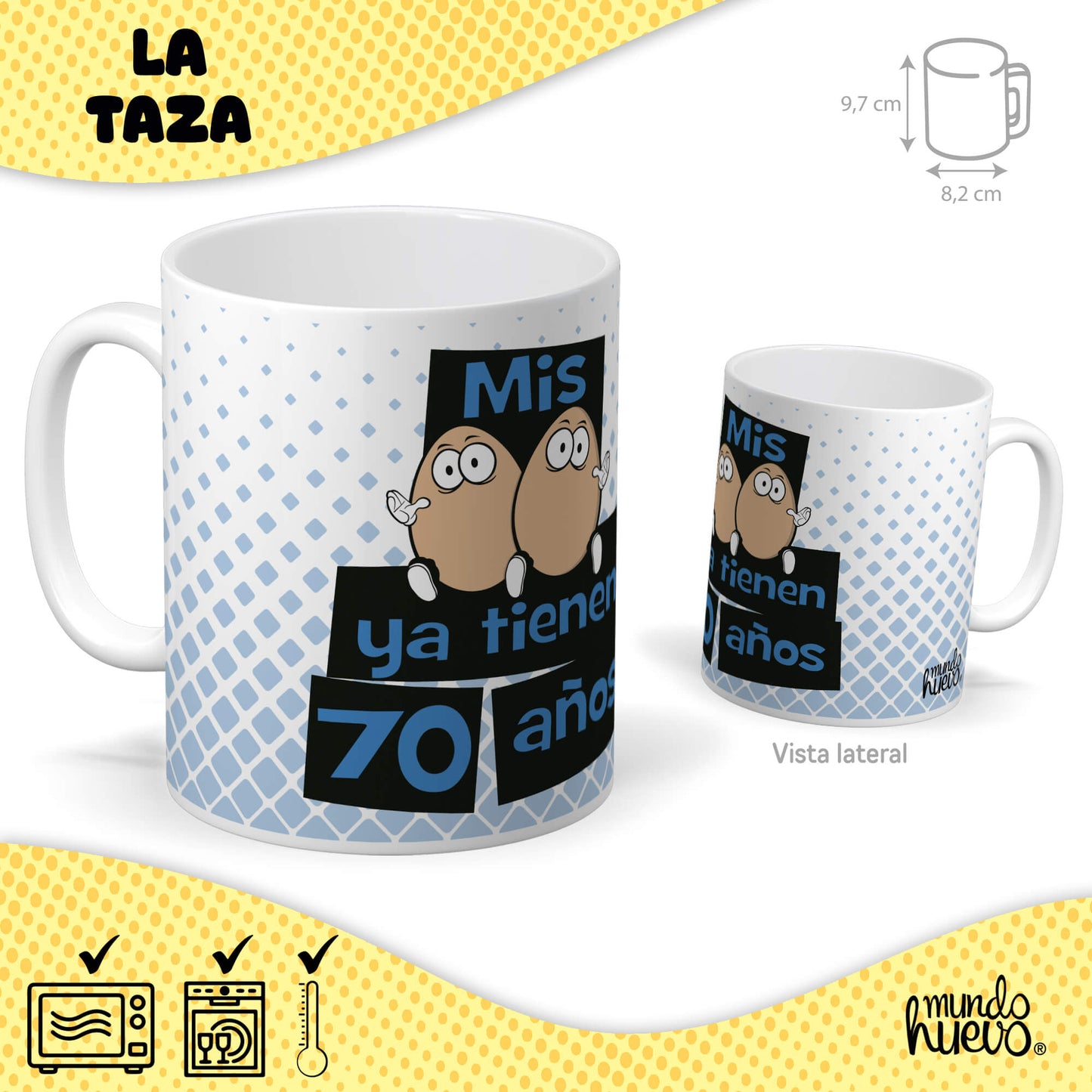 Taza Mis huevos ya tienen 70 años + Caramelos divertidos + Pulsera sorpresa