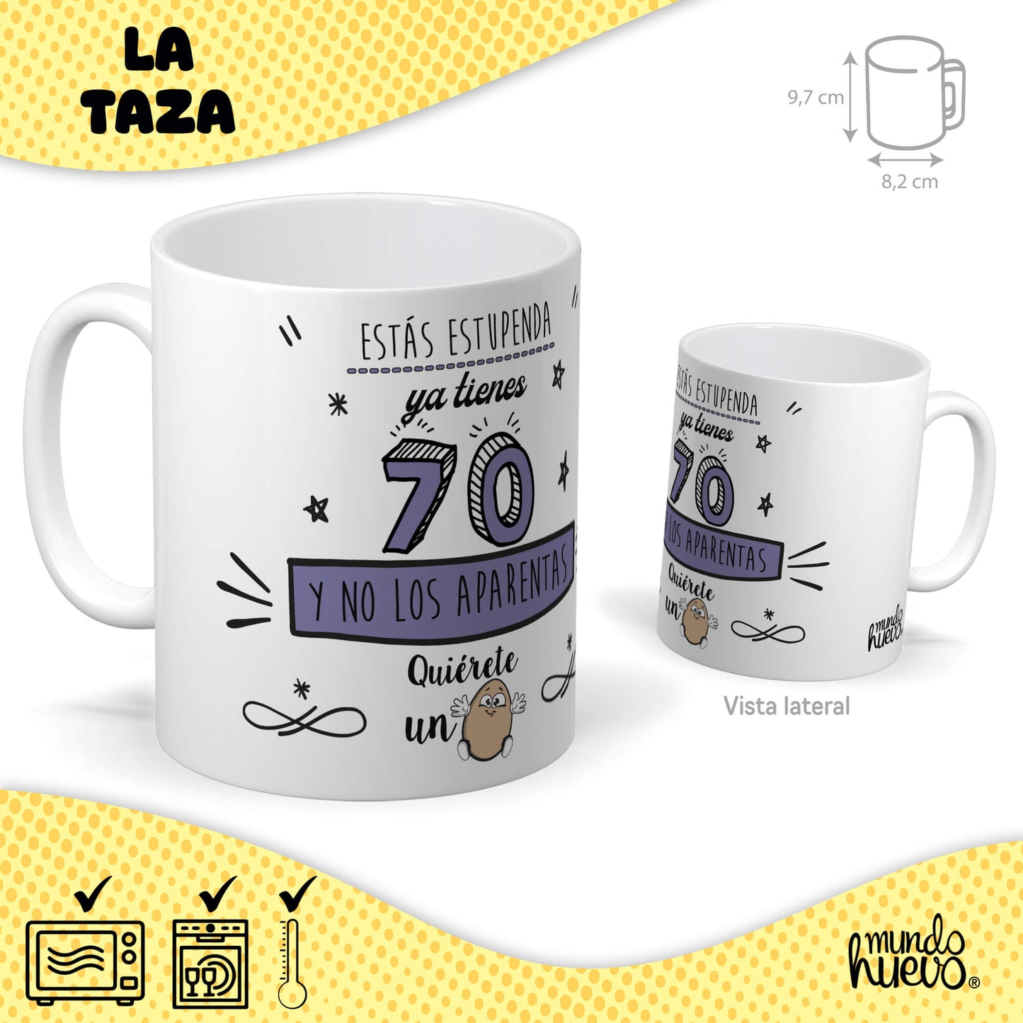 Taza Ya tienes 70 y no los aparentas + Caramelos divertidos + Pulsera sorpresa