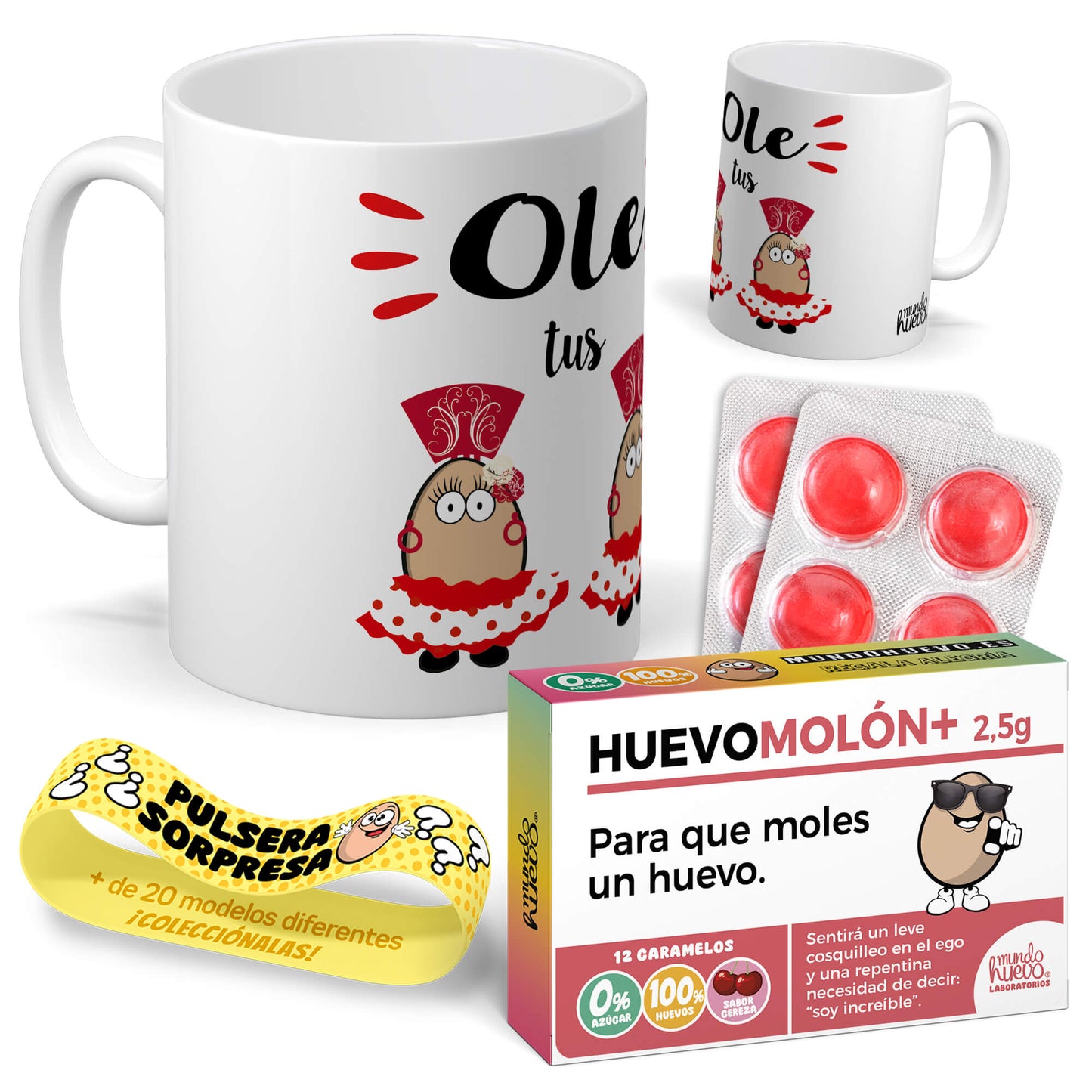 Taza Ole tus huevos + Caramelos divertidos + Pulsera sorpresa