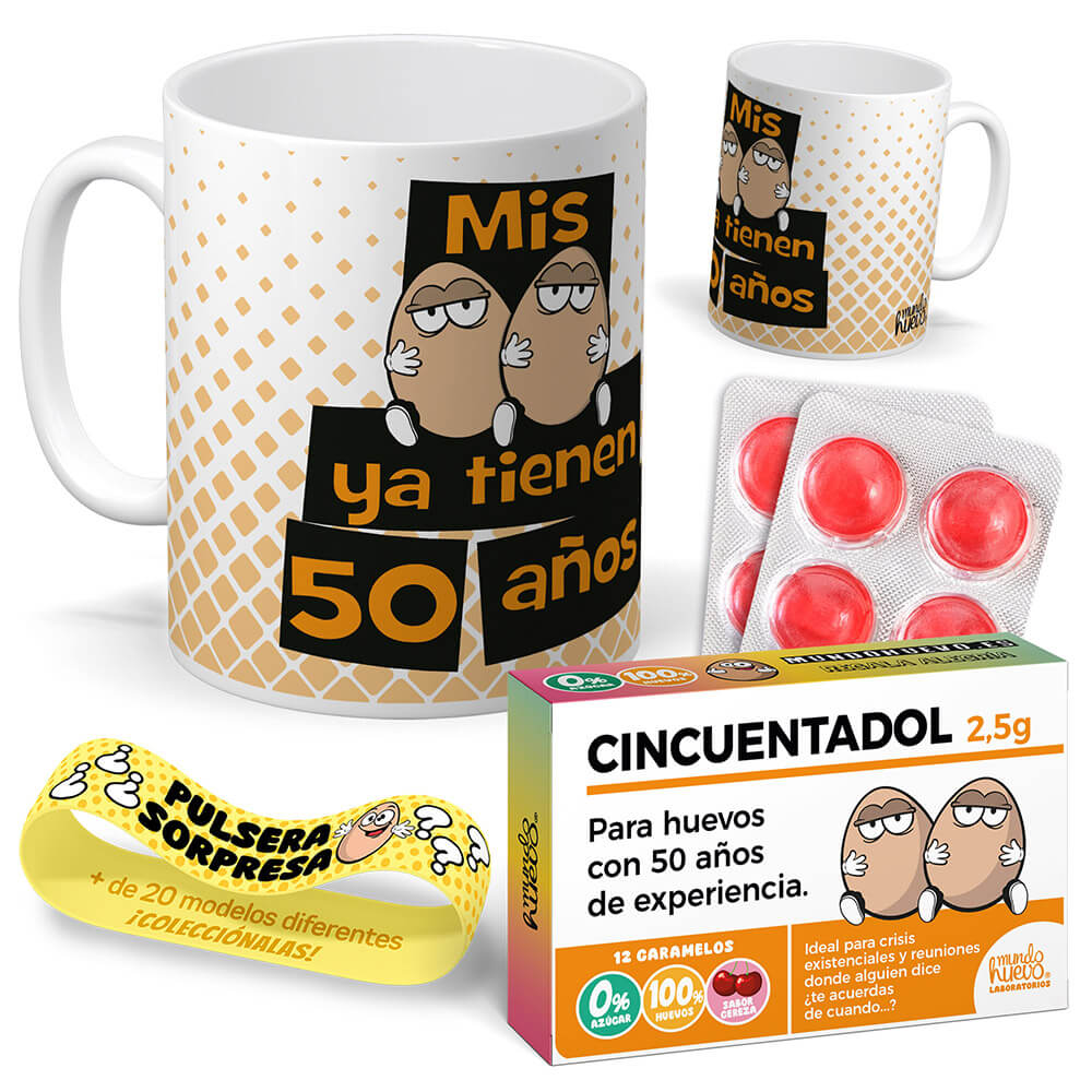 Taza Mis huevos ya tienen 50 años + Caramelos divertidos + Pulsera sorpresa