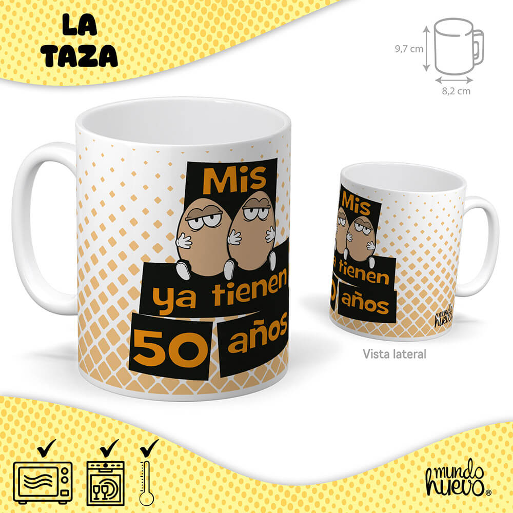 Taza Mis huevos ya tienen 50 años + Caramelos divertidos + Pulsera sorpresa