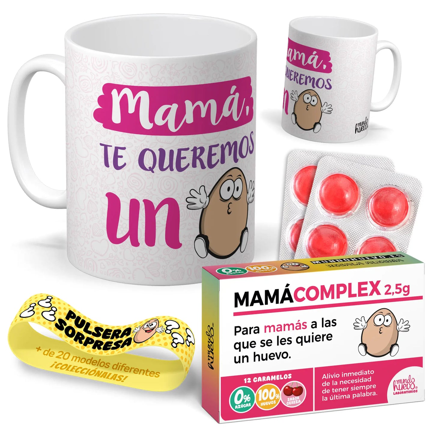 Taza Mamá te queremos un huevo + Caramelos divertidos + Pulsera sorpresa.