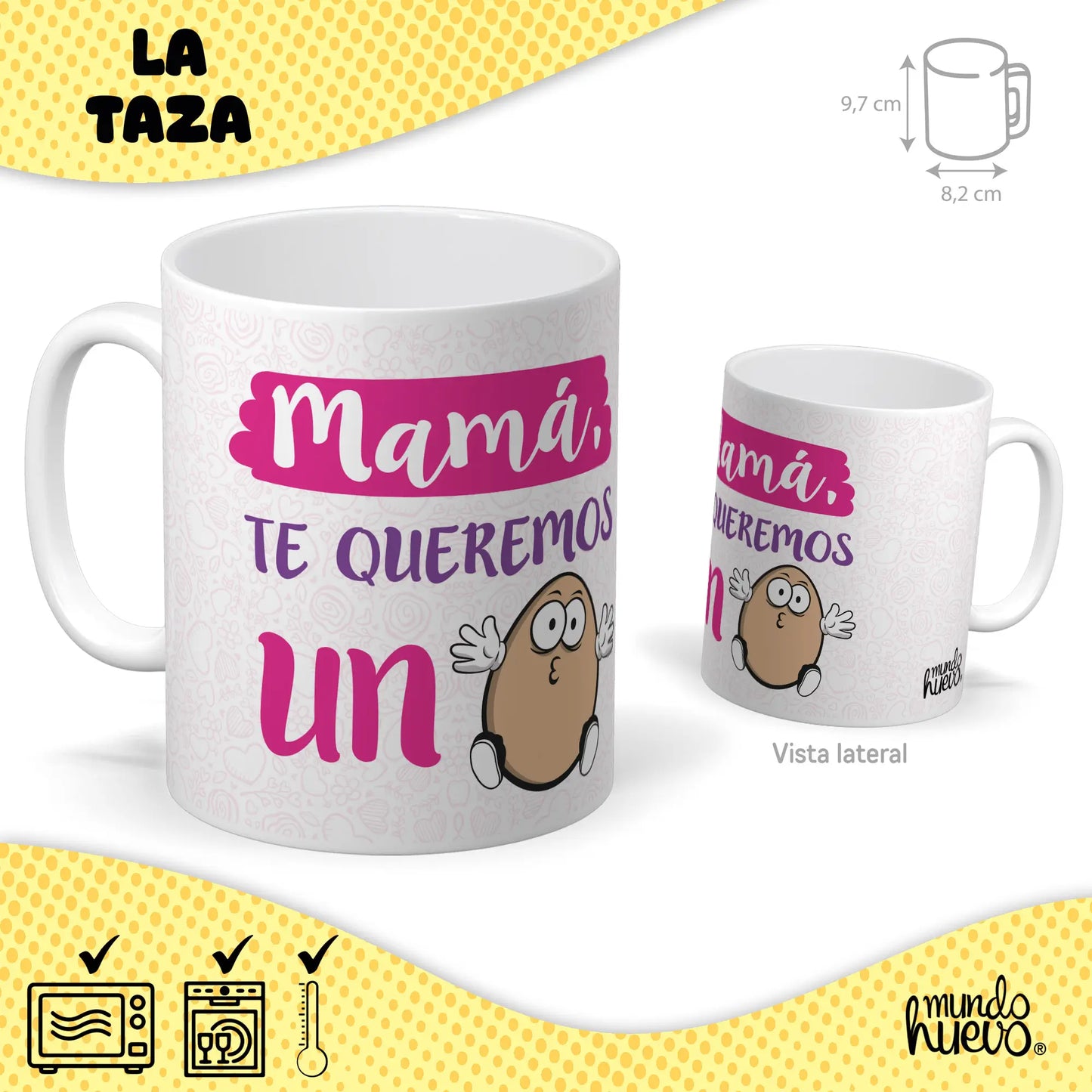 Taza Mamá te queremos un huevo + Caramelos divertidos + Pulsera sorpresa.