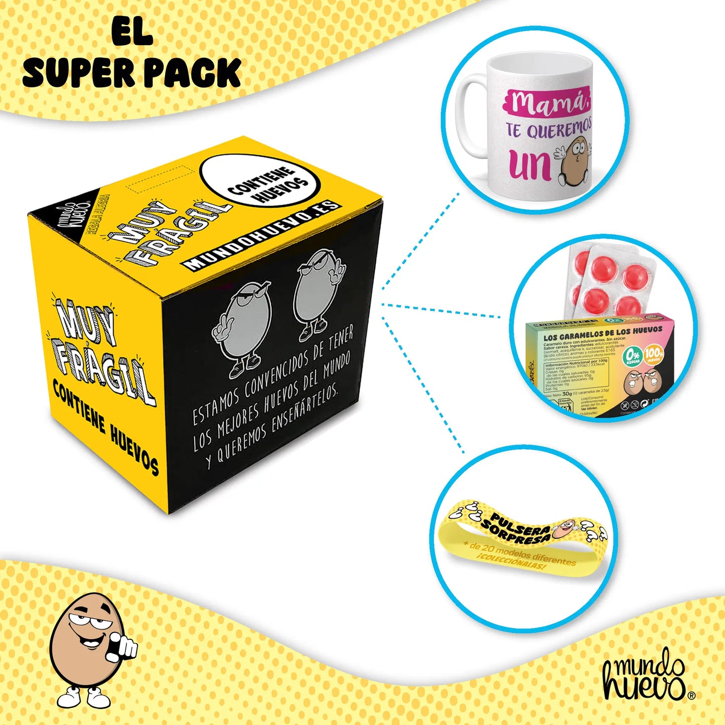 Taza Mamá te queremos un huevo + Caramelos divertidos + Pulsera sorpresa.