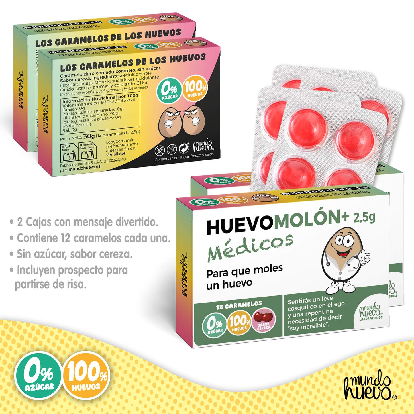 2 cajas Caramelos de broma | HUEVOMOLON+ MÉDICOS | Cajas Regalo Divertido con 24 caramelos sin azúcar