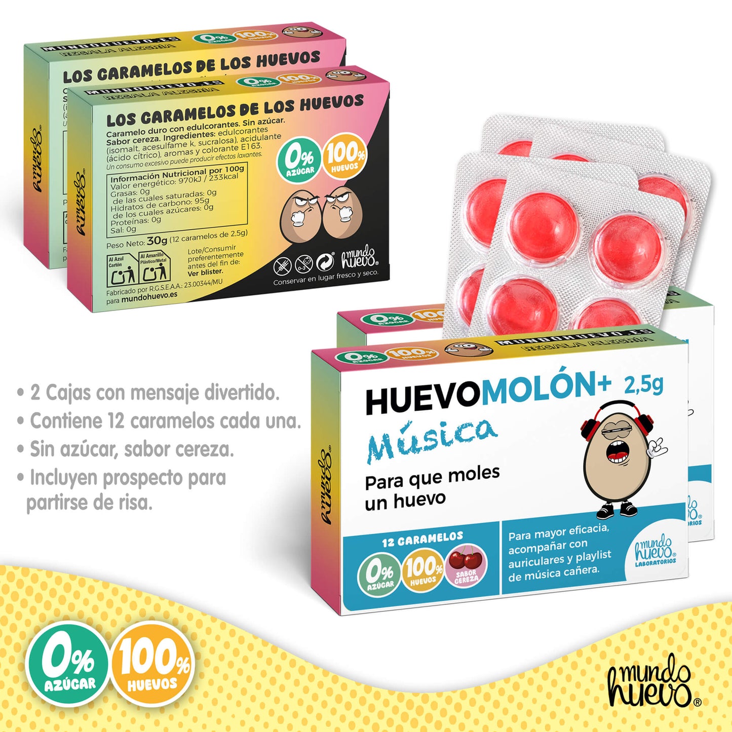 2 cajas Caramelos de broma | HUEVOMOLON+ MÚSICA | Cajas Regalo Divertido con 24 caramelos sin azúcar
