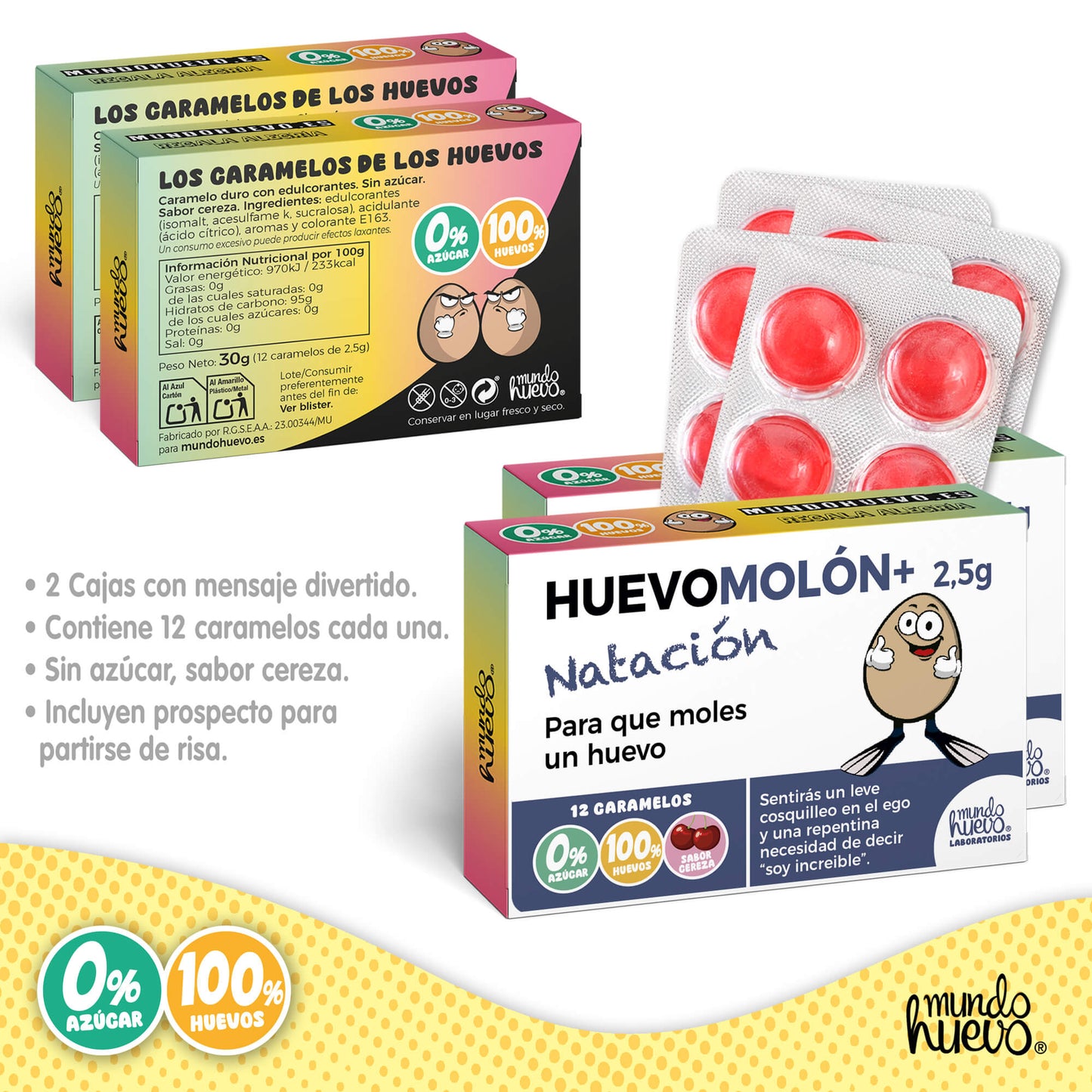 2 cajas Caramelos de broma | HUEVOMOLON+ NATACIÓN | Cajas Regalo Divertido con 24 caramelos sin azúcar