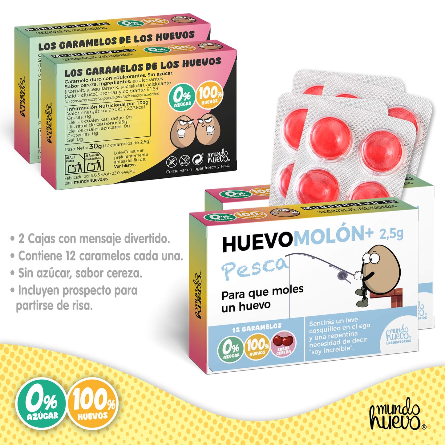 2 cajas Caramelos de broma | HUEVOMOLON+ PESCA | Cajas Regalo Divertido con 24 caramelos sin azúcar