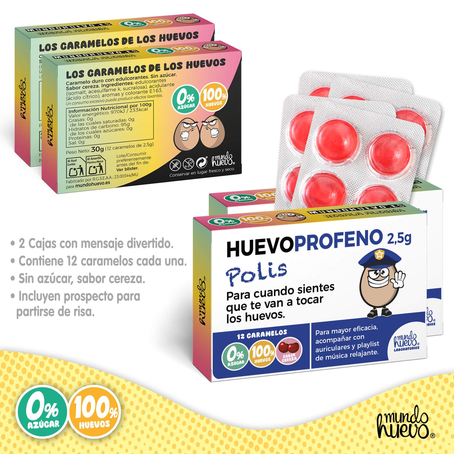 2 cajas Caramelos de broma | HUEVOPROFENO POLIS | Cajas Regalo Divertido con 24 caramelos sin azúcar