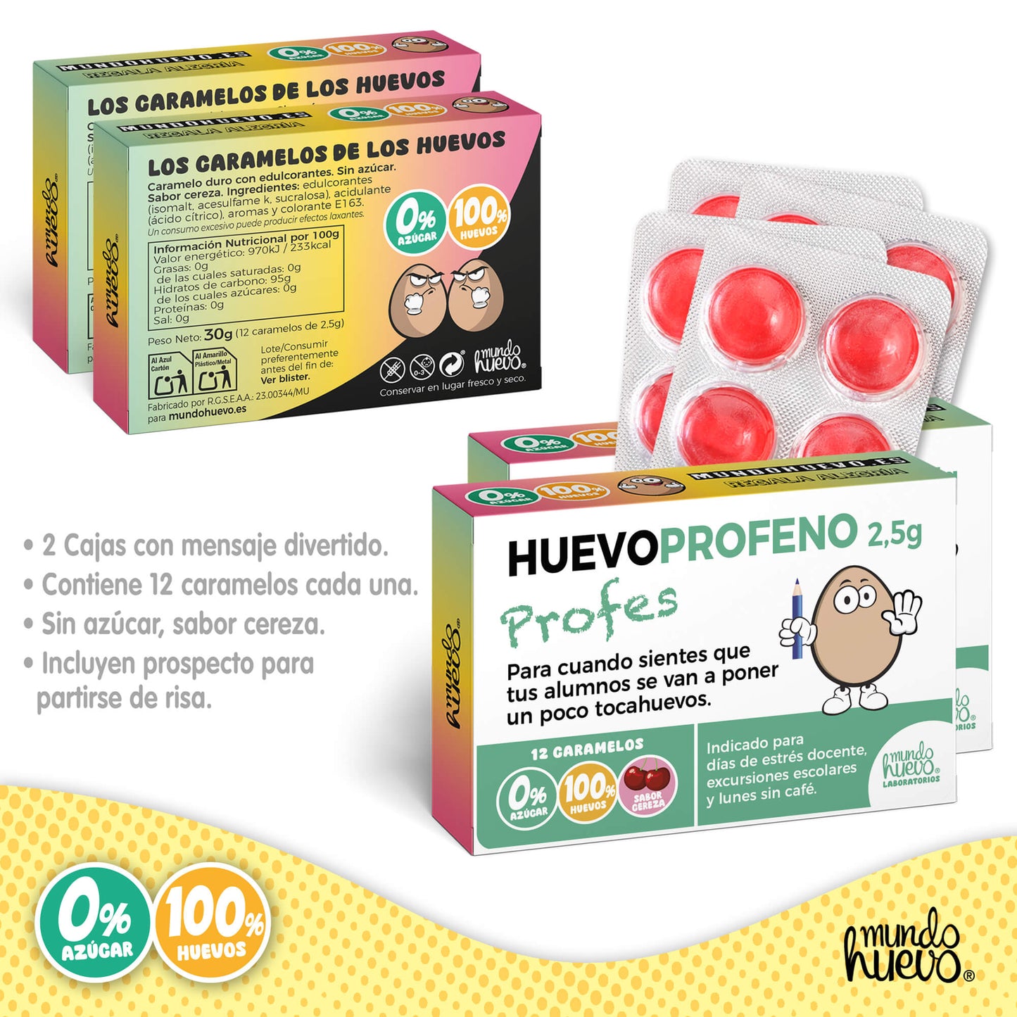 2 cajas Caramelos de broma | HUEVOPROFENO PROFES | Cajas Regalo Divertido con 24 caramelos sin azúcar