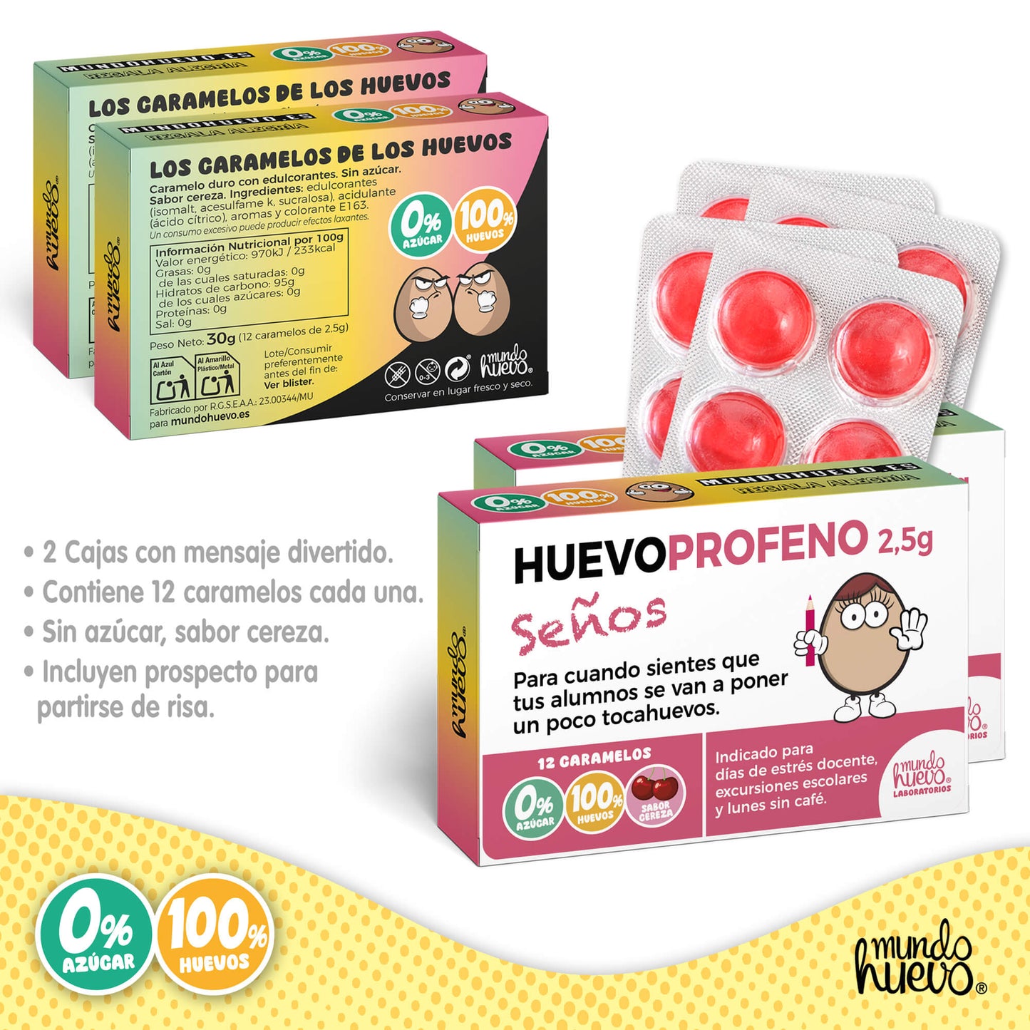 2 cajas Caramelos de broma | HUEVOPROFENO SEÑOS | Cajas Regalo Divertido con 24 caramelos sin azúcar