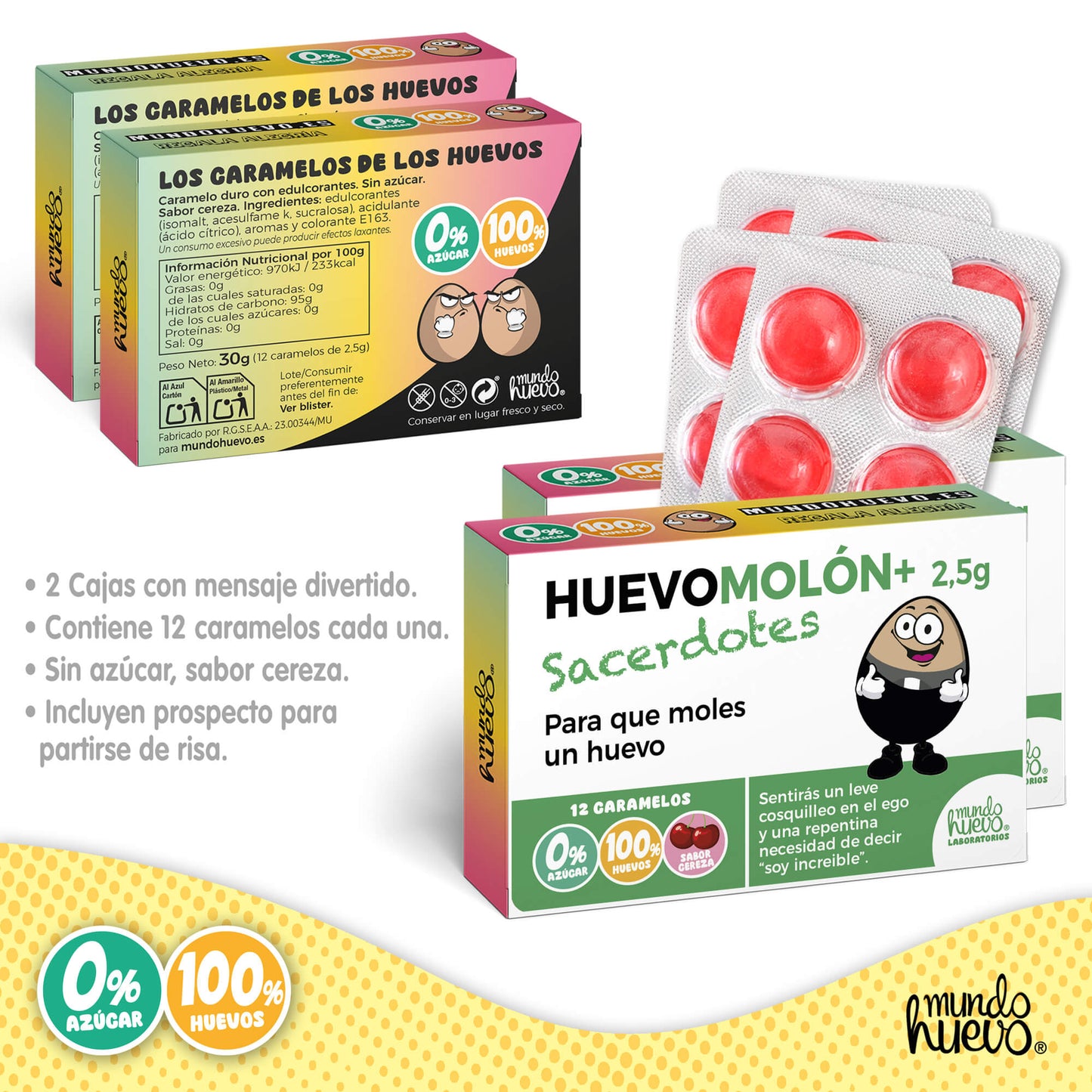 2 cajas Caramelos de broma | HUEVOMOLON+ SACERDOTES | Cajas Regalo Divertido con 24 caramelos sin azúcar