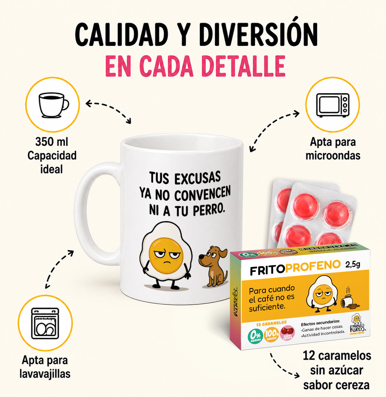 Taza Excusas + Caramelos divertidos