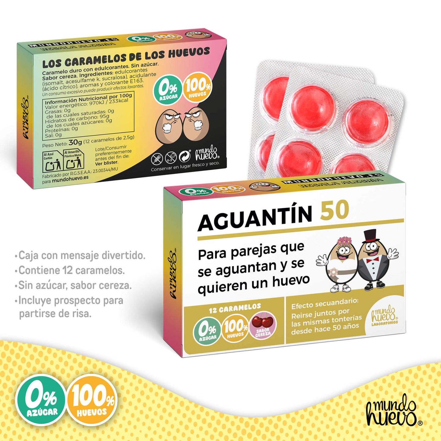 Caramelos de broma | AGUANTÍN 50 | Caja Regalo Divertido con 12 caramelos sin azúcar