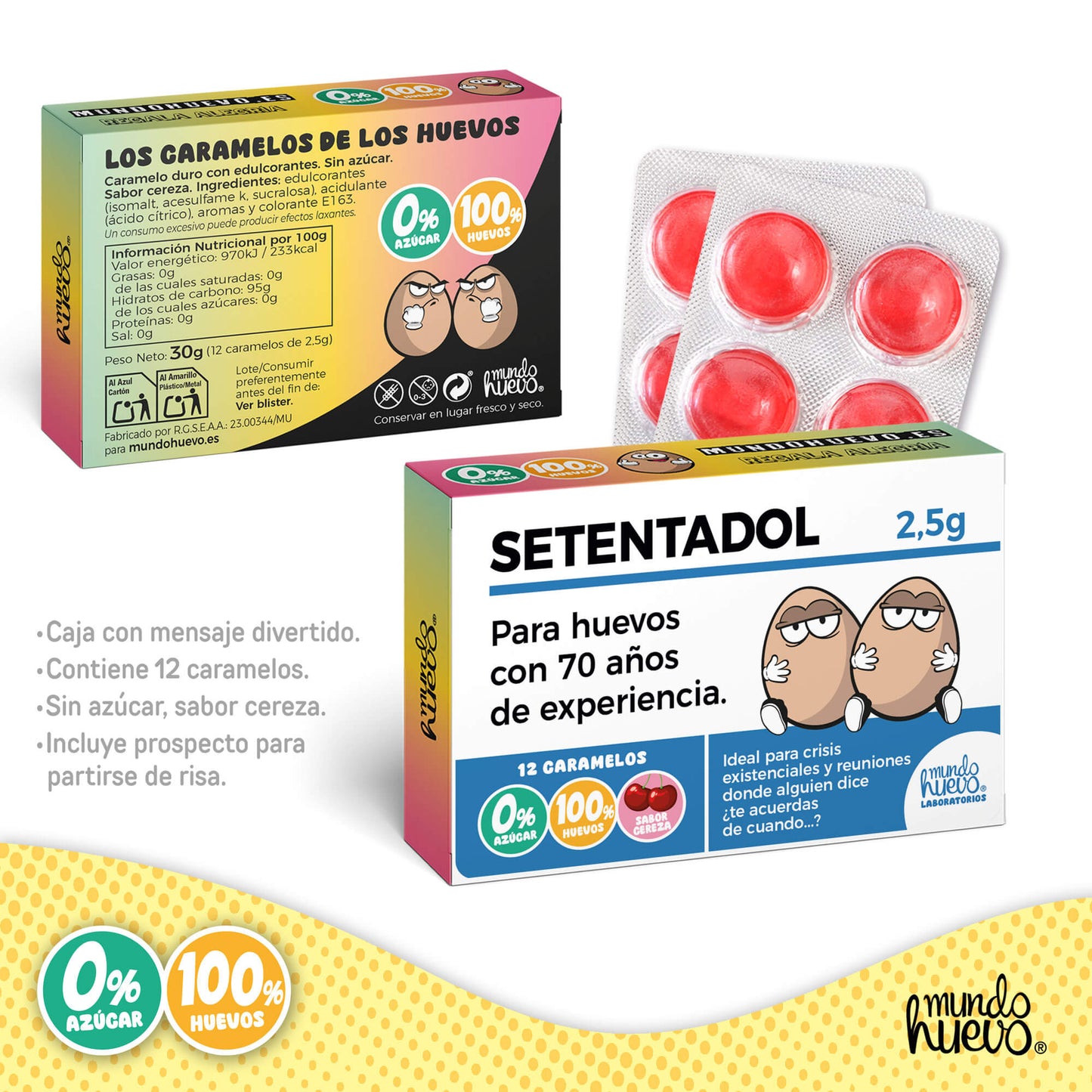 Caramelos de broma | SETENTADOL | Caja Regalo Divertido con 12 caramelos sin azúcar